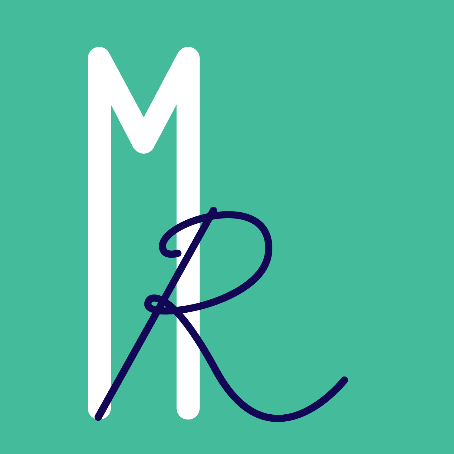 A logo with large white vertical lines and a dark blue cursive letter R on a teal background.