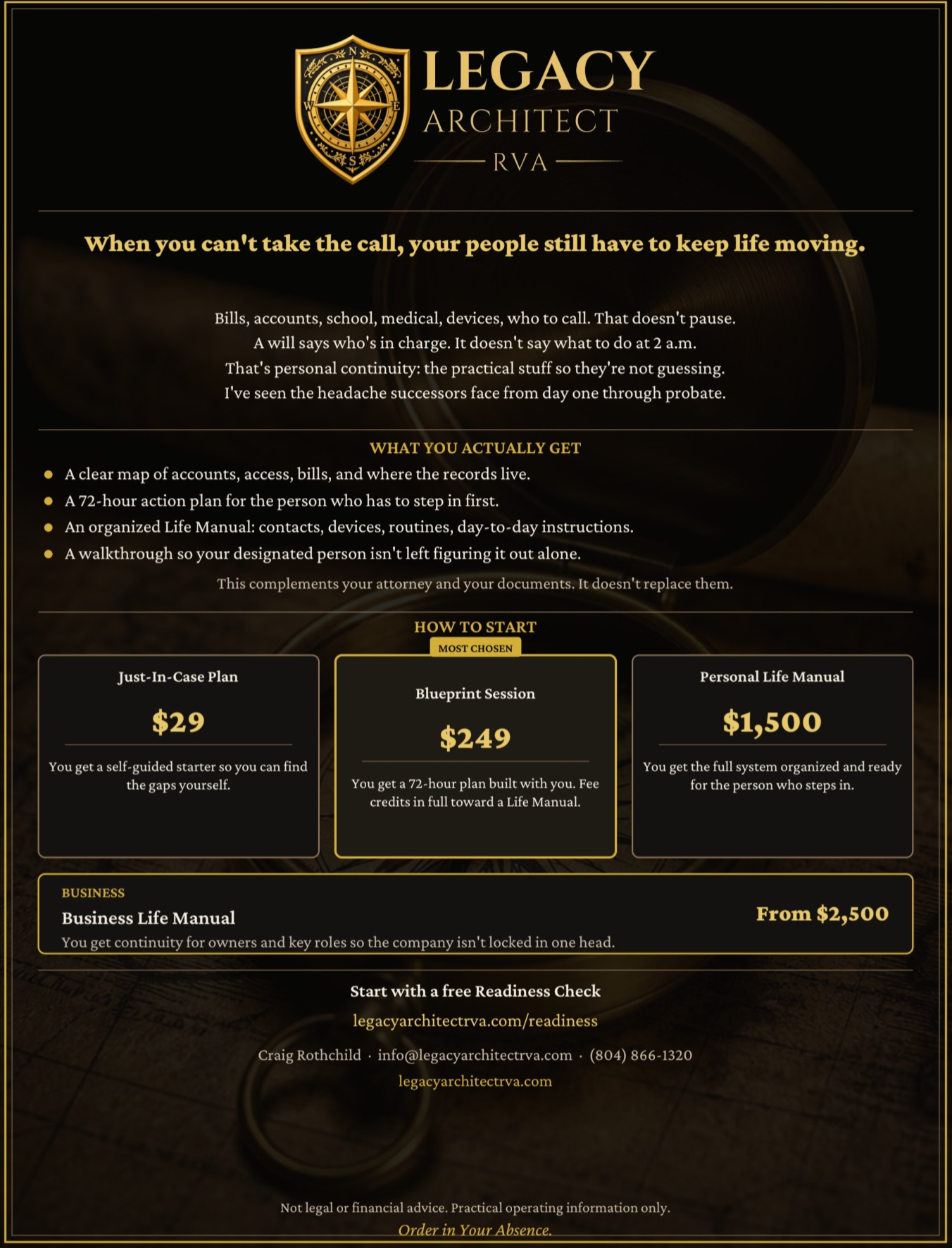 Black and gold flyer for Legacy Architect RVA features logo, slogan, and pricing options for services, with contact information at bottom.