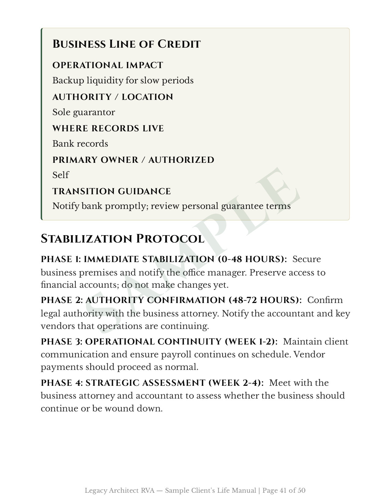 Business card with text about credit, authority, transition guidance, stabilization protocol, and contact information.