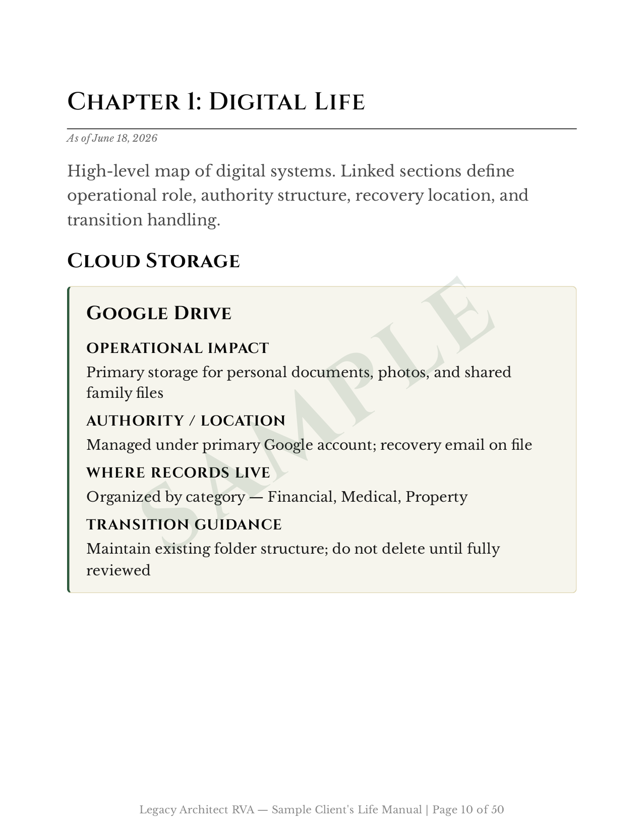 Page from a book or manual titled 'Chapter 1: Digital Life' discussing cloud storage, Google Drive, operational impact, management, location, and guidance.