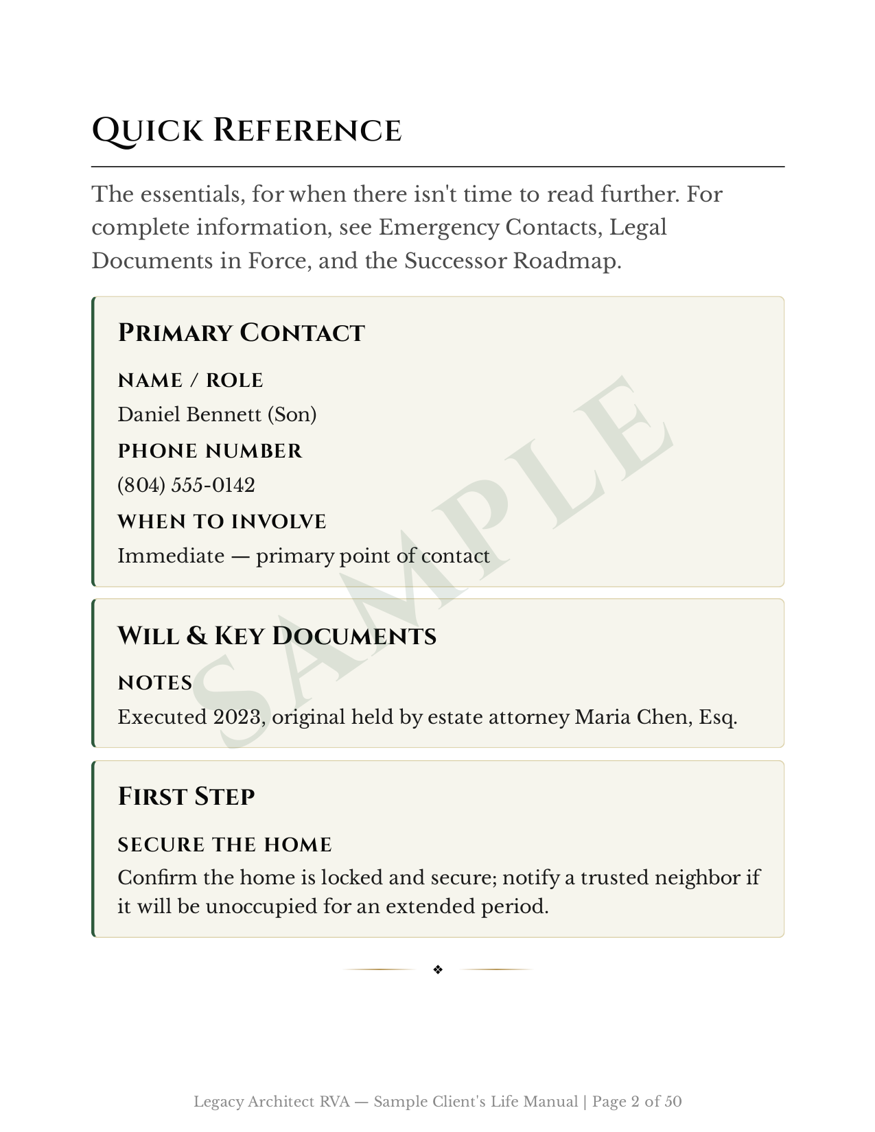 Page from a document titled 'Quick Reference' with sections on contact, documents, and steps, including contact details and instructions.