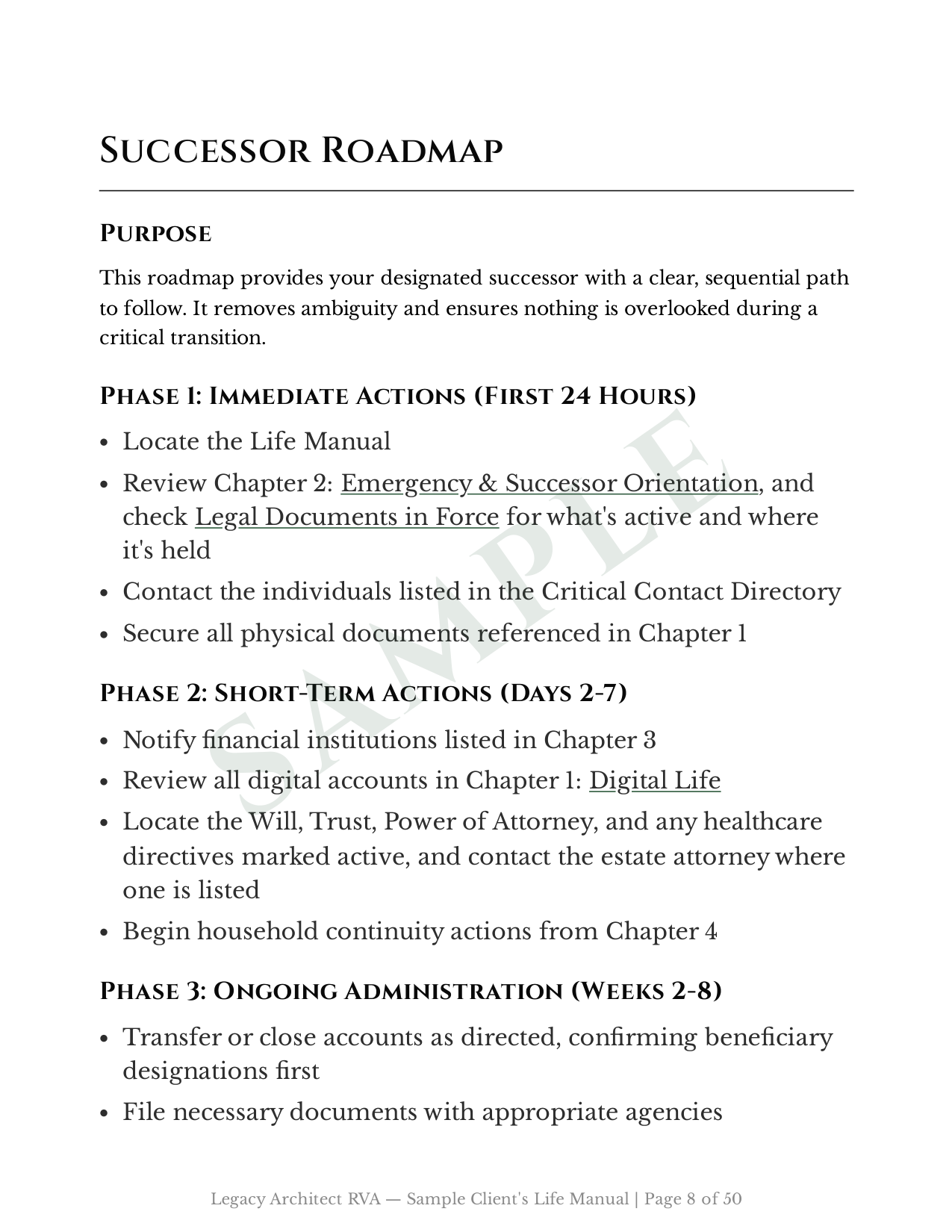 Page from a document titled 'Successor Roadmap' with sections on purpose, phases, and actions, including checklists and instructions.
