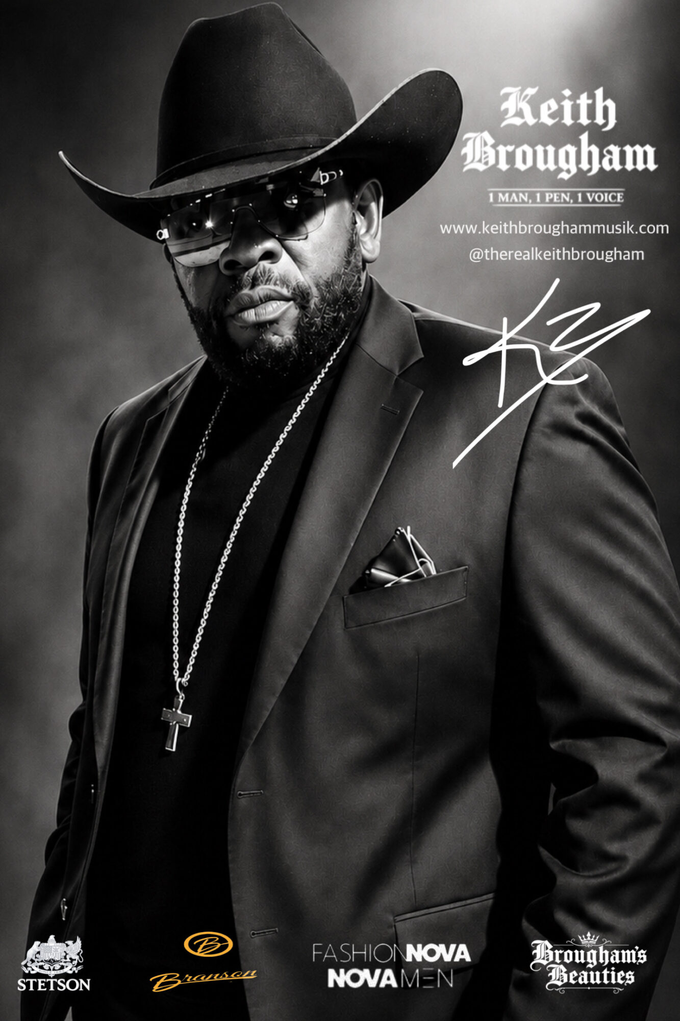 Black and white portrait of Keith Brougham wearing a hat, glasses, and a suit with a cross necklace, signature, and text.