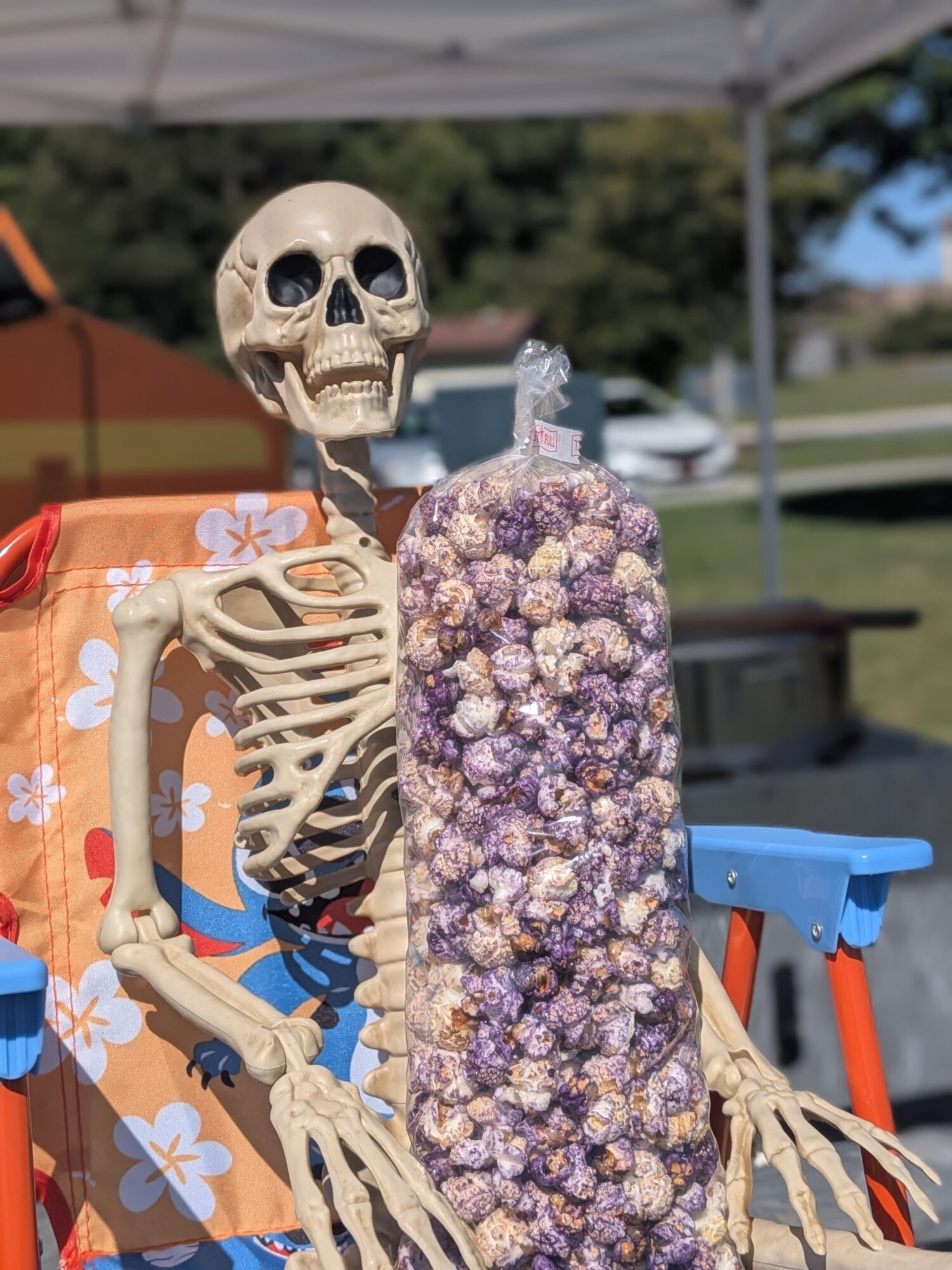 Skeleton figure with a large purple and white floral arrangement outdoors, with tents and trees in the background.