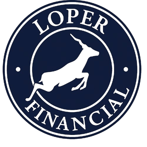 Dark blue circular logo with a goat silhouette in the center, surrounded by the words 'LOPER FINANCIAL'.