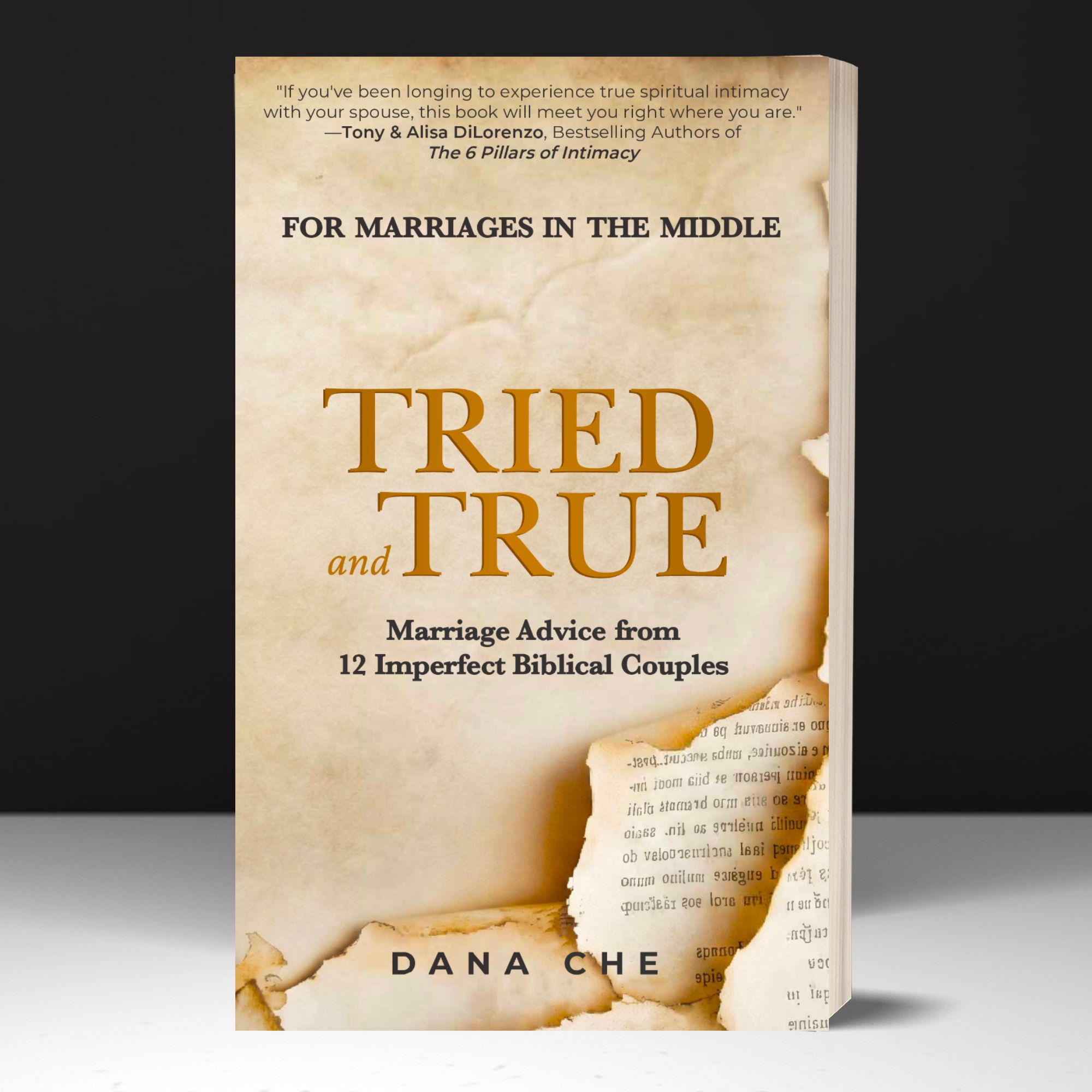 Book cover titled 'Tried and True' with a torn paper effect, subtitle about marriage advice, author's name Dana Che.