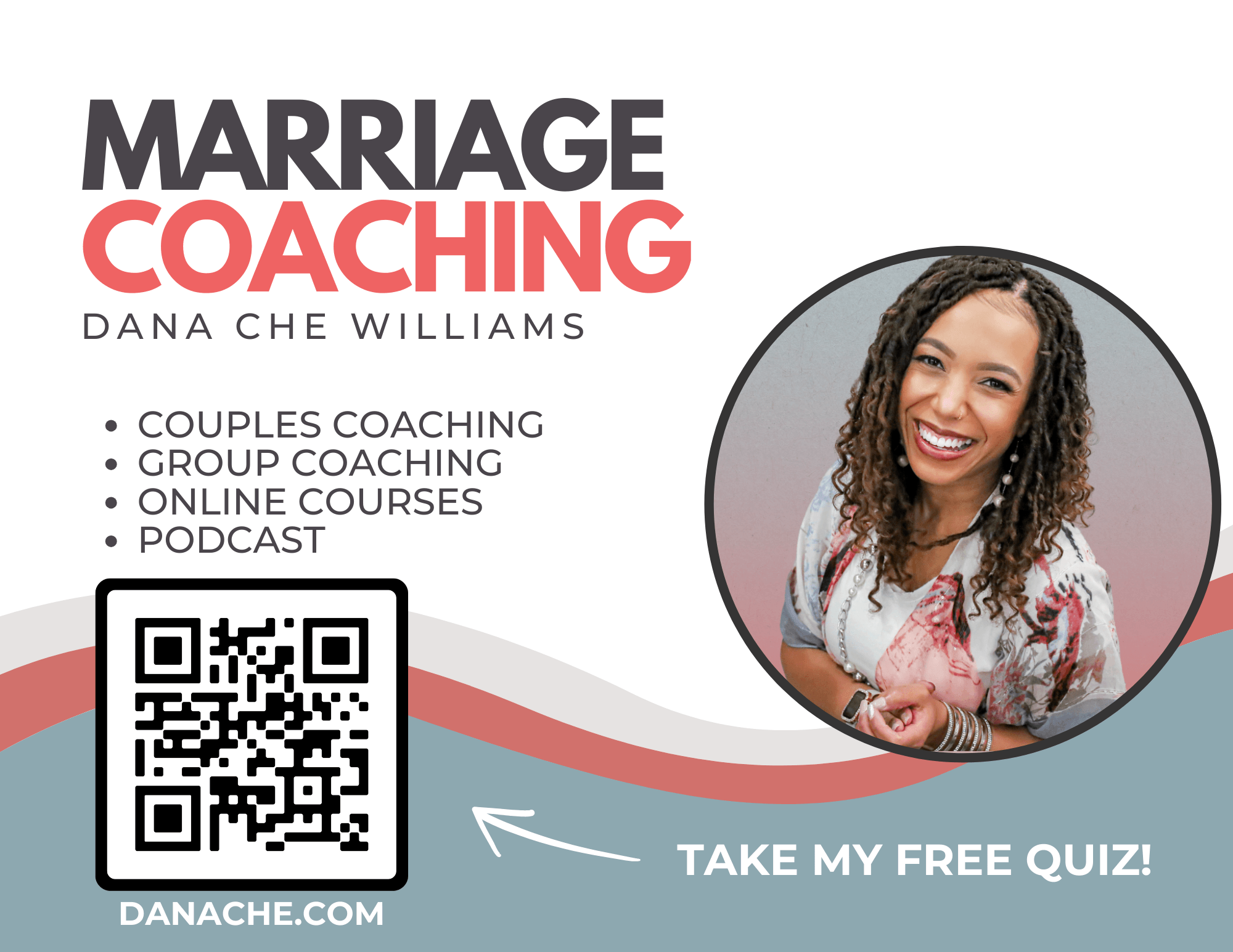Book cover titled 'Marriage Coaching' with a smiling woman in a circular frame, QR code, and text about coaching services.