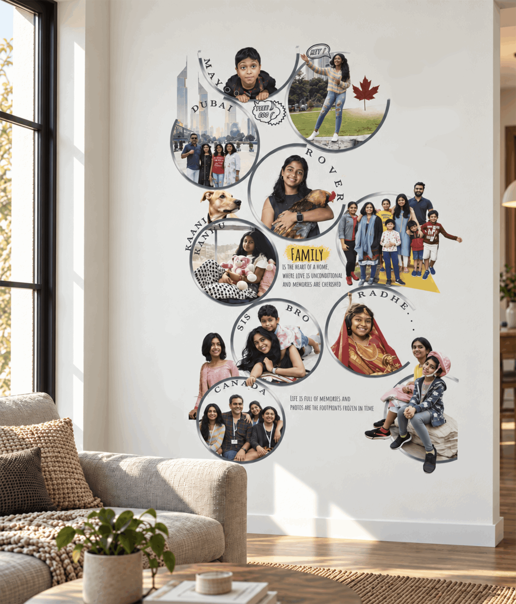 Family photo collage on wall with children, adults, and pets, arranged in circular frames, in a bright living room.