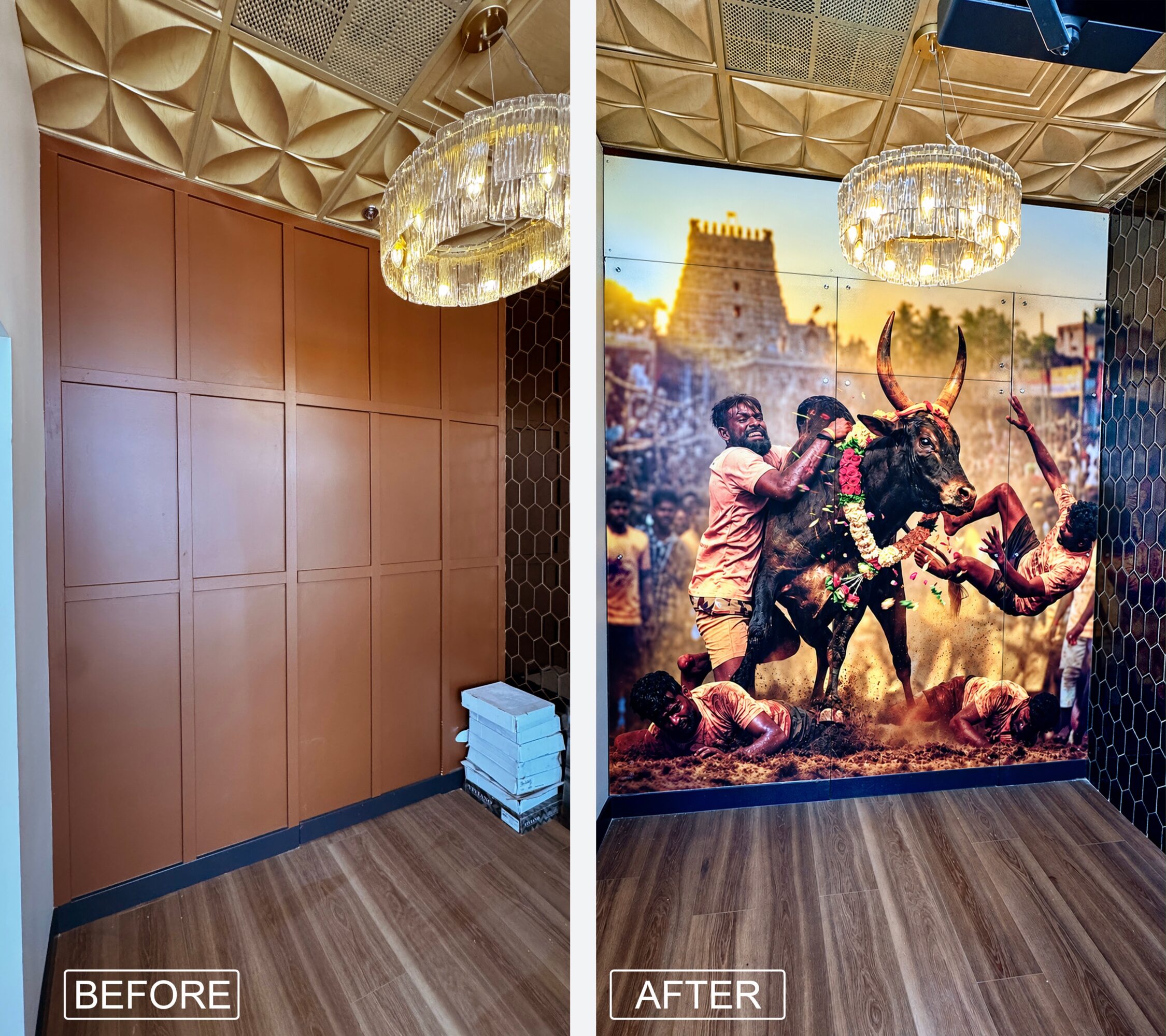 Empty room with wooden wall panels and a chandelier, before transformation. After, a vibrant mural of elephants and people, with chandelier and wooden floor.