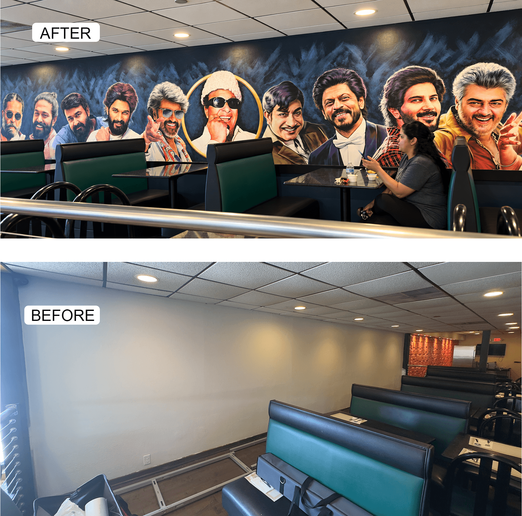 Wall mural with multiple people's faces, colorful and lively, in a room with tables and chairs. The room appears to be under renovation.