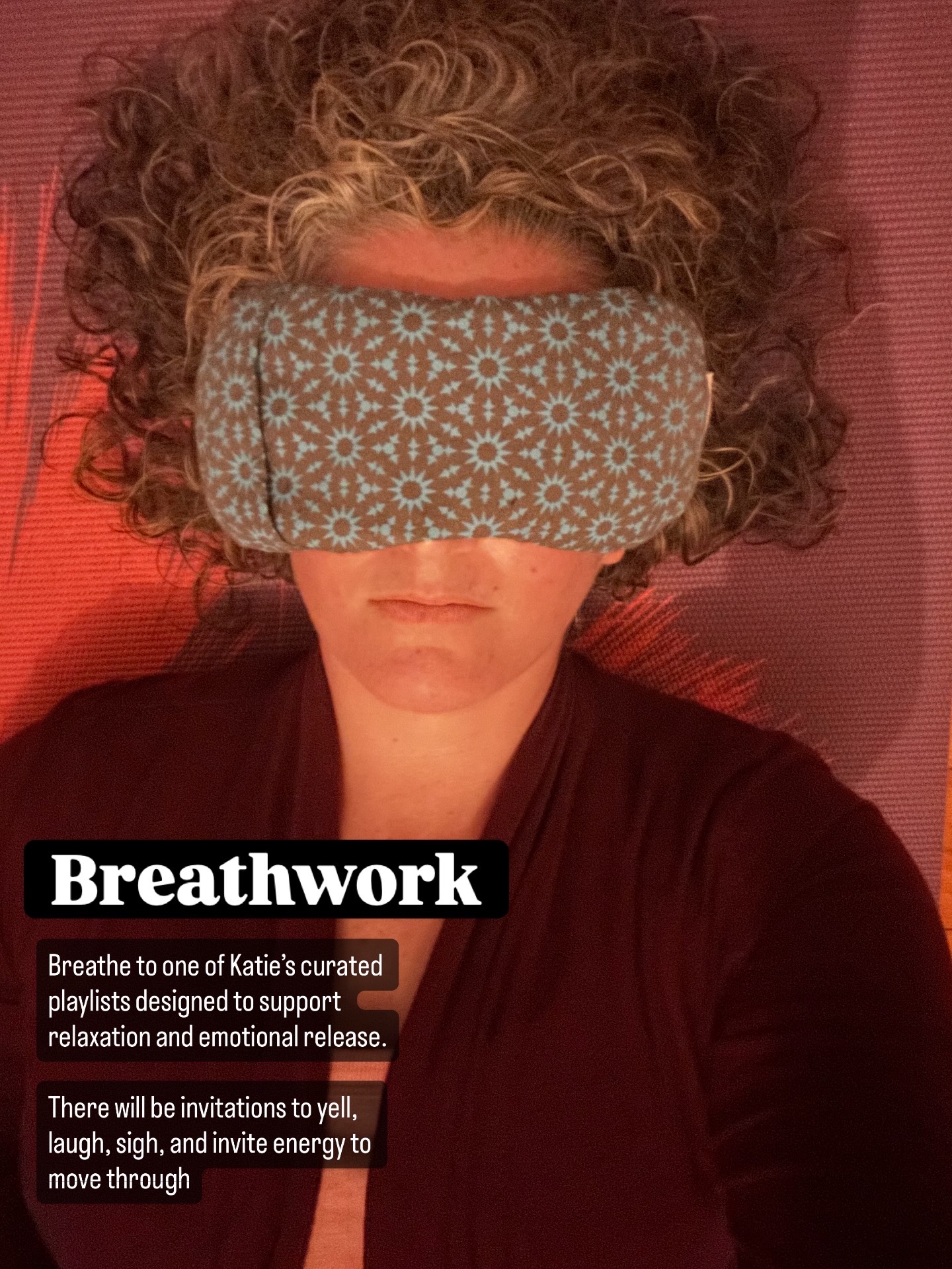 Person with curly hair lying down, wearing a patterned eye mask, and a dark top, with text about breathwork and relaxation.