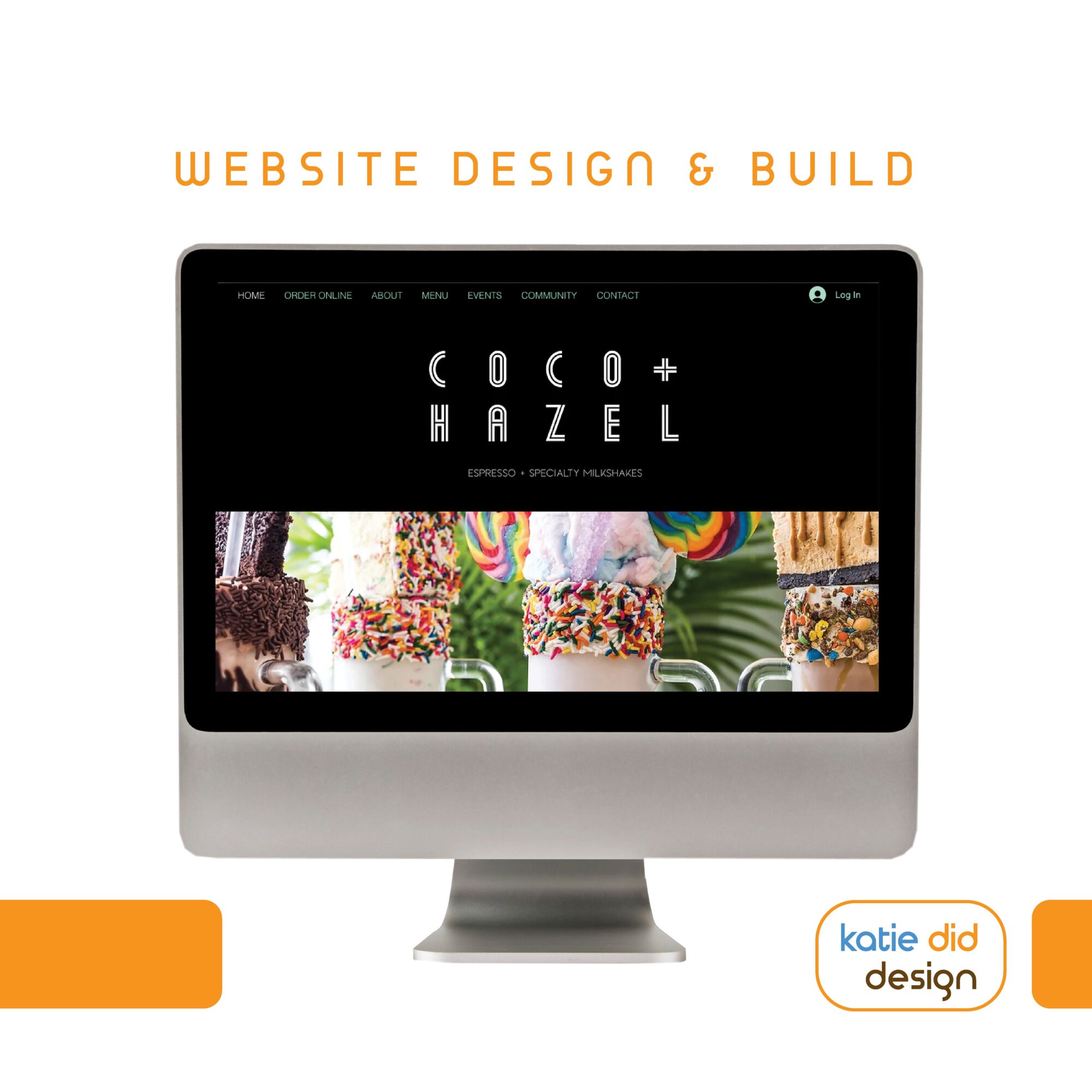 Computer monitor displaying a website with colorful images and text, with orange and white design elements around it.