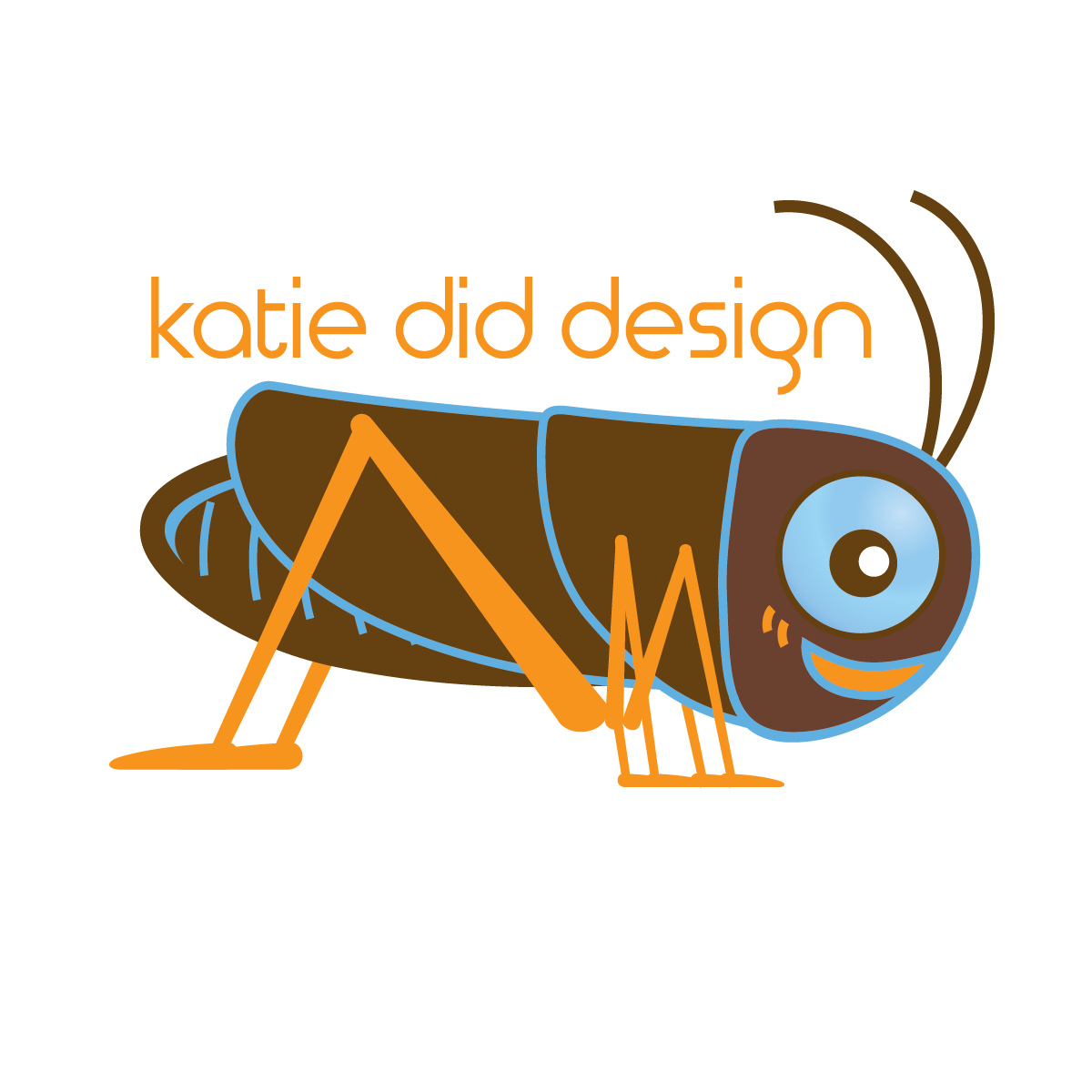 Cartoon insect with a large eye, smiling, with text 'katie did design' above, on a black background.
