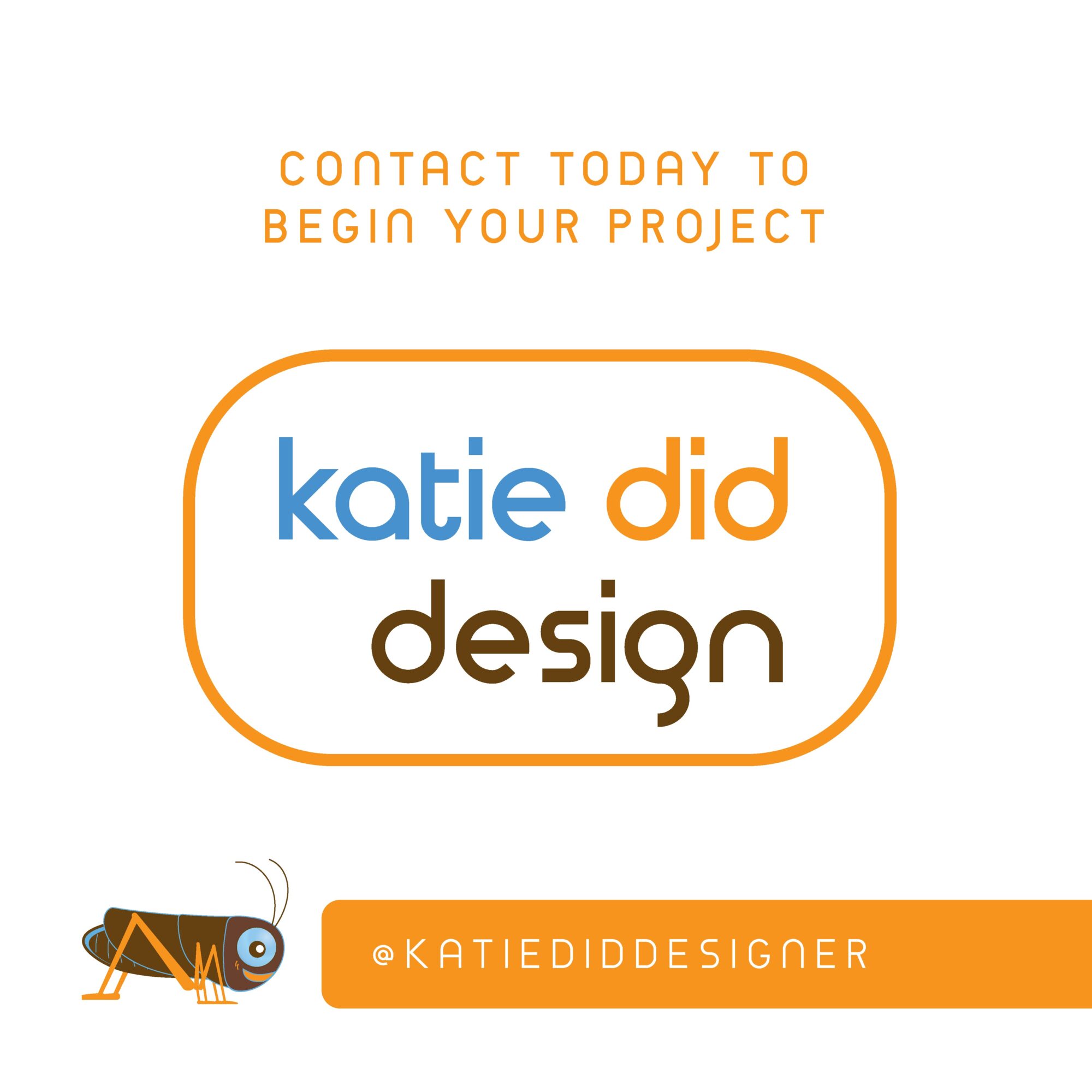 Text and logo on a white background, including a cartoon insect and contact information for a design service.