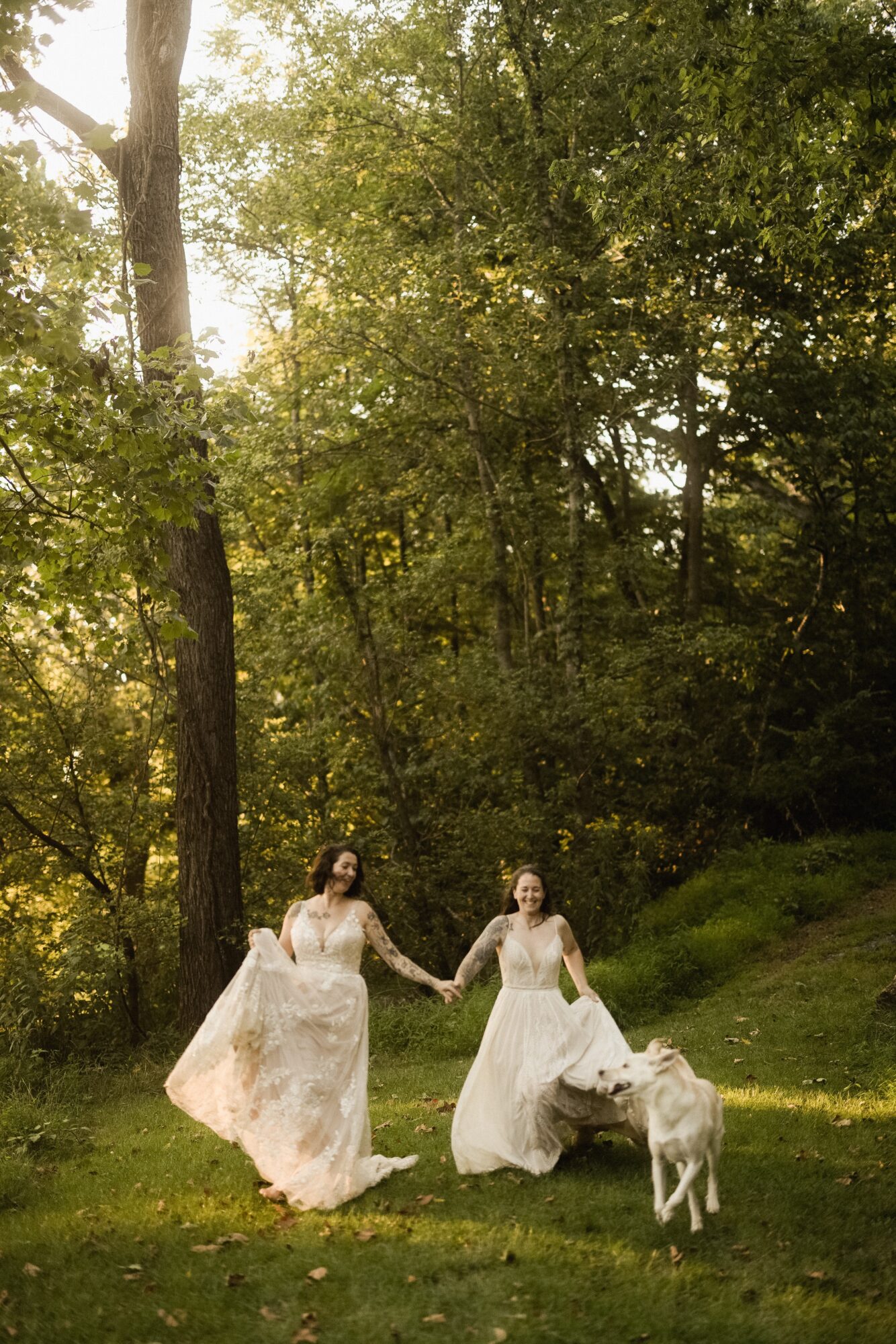 Two women in white dresses holding hands in a grassy area with trees, a dog nearby, sunlight filtering through leaves.