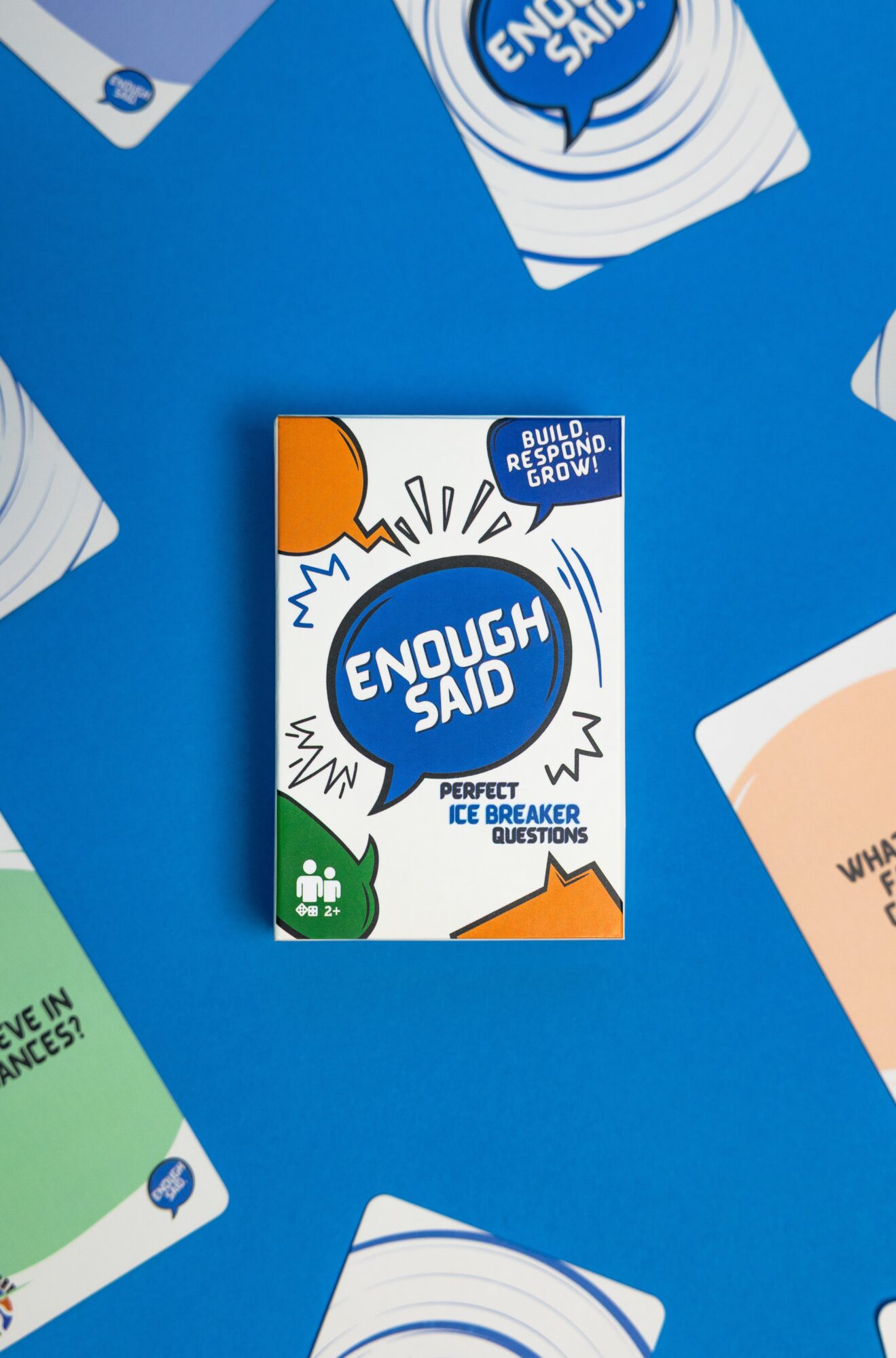 Card with speech bubble reading 'Enough Said' and text about building confidence and icebreaker questions, on a blue background.