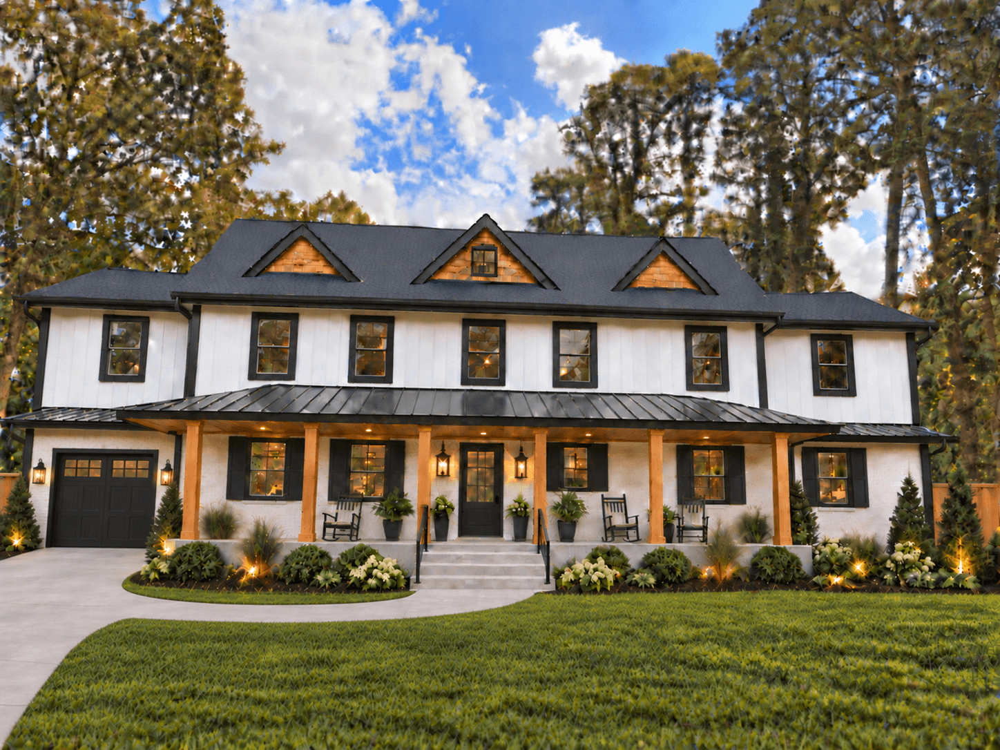 Large two-story house with a dark roof, white exterior, front porch, and landscaped yard under a partly cloudy sky.