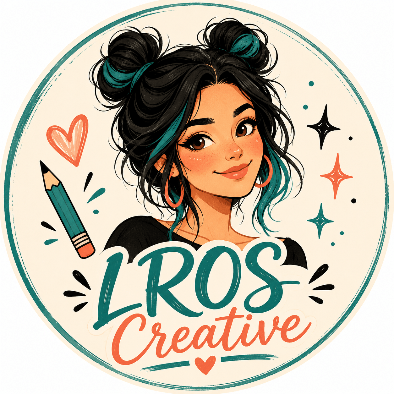 Illustration of a young woman with two buns hairstyle, colorful hair streaks, smiling, surrounded by stars, a heart, and a pencil, with text