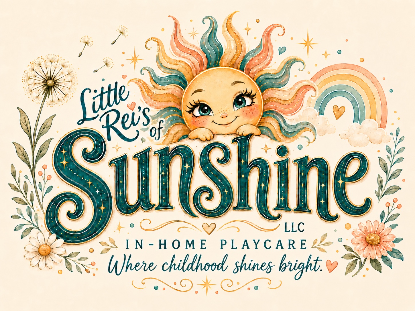 A cheerful sun with a face, surrounded by flowers, rainbows, and stars, with text about Little Re's Sunshine LLC and childhood brightness.