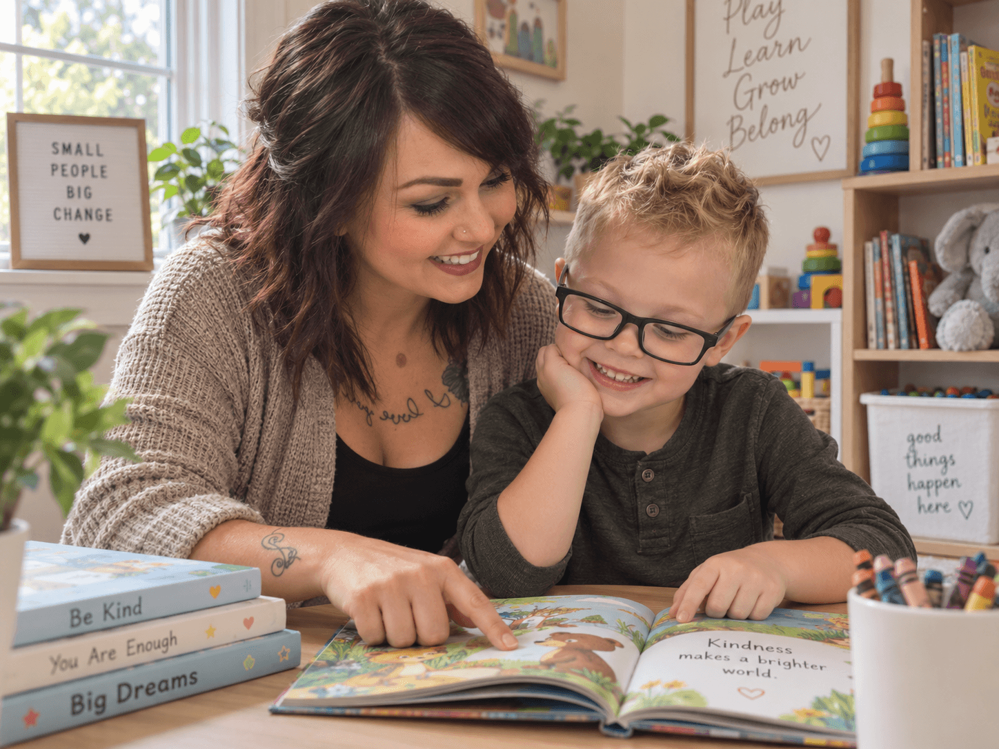Woman and child reading a book together, smiling, in a colorful room with books and decorations.
