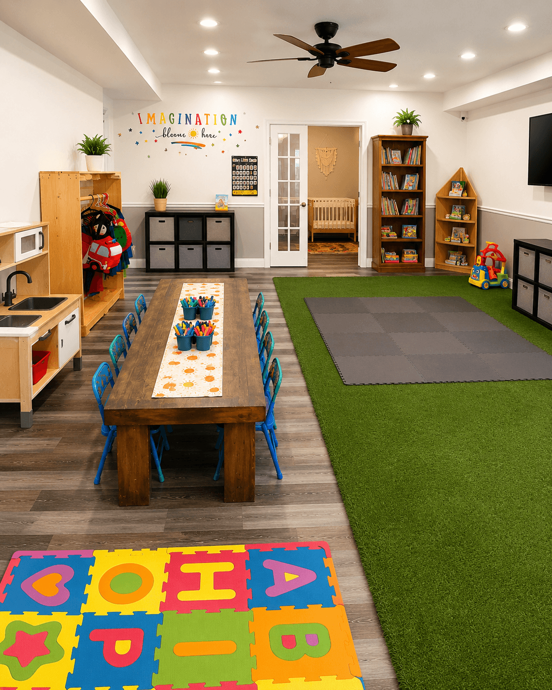 Classroom with a wooden table, blue chairs, colorful foam tiles, and a green carpet area, with shelves and a TV on the wall.