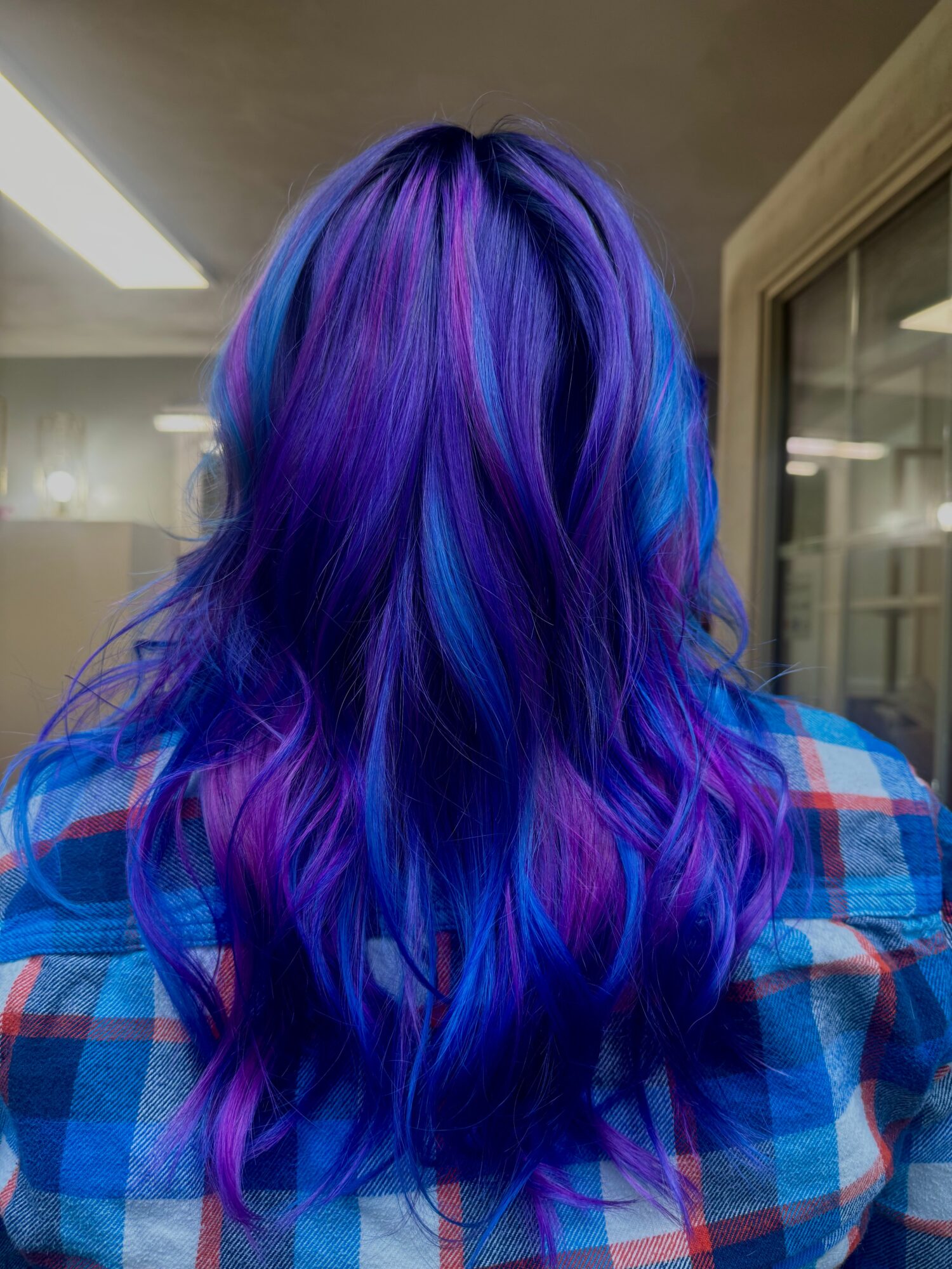 Back view of a person with long, wavy hair dyed in shades of blue and purple, wearing a plaid shirt.