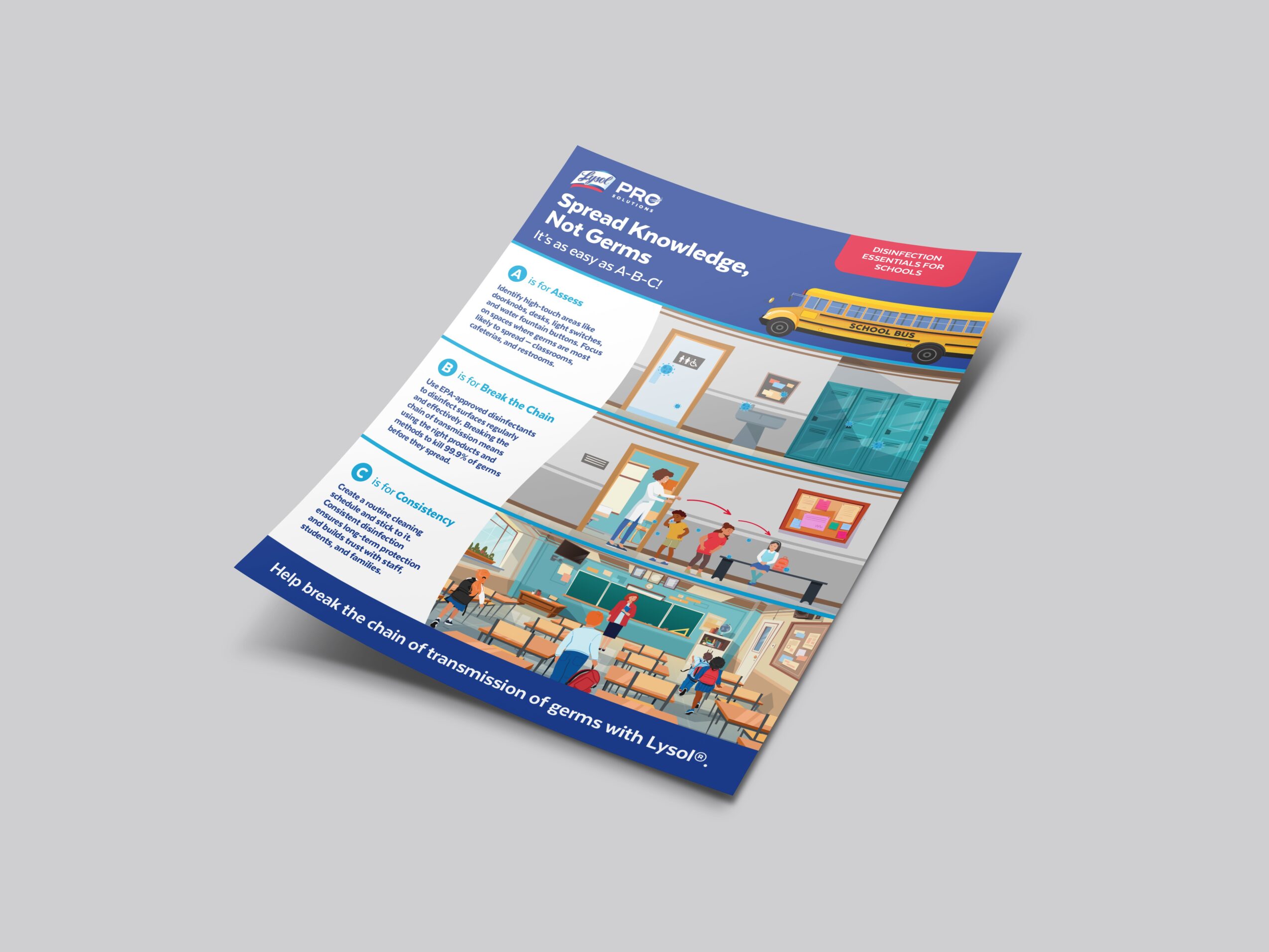 Colorful informational flyer with text, images, and illustrations about knowledge and learning, laid on a gray background.