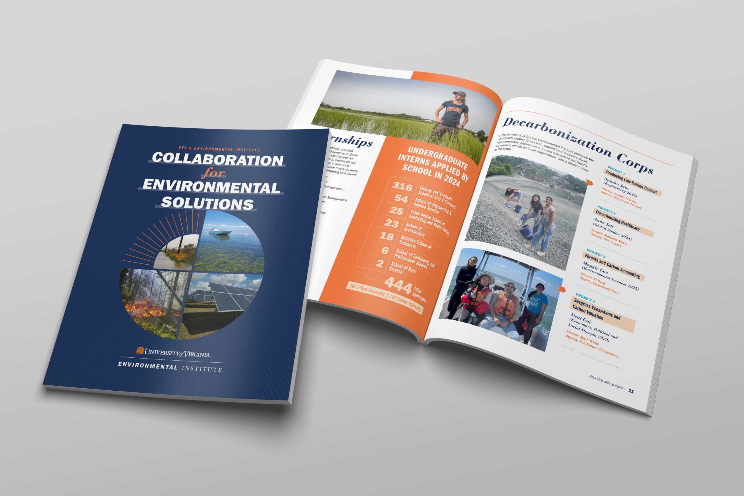 Open brochure showing environmental solutions, images of nature, and a list of services or information, with a blue cover page.