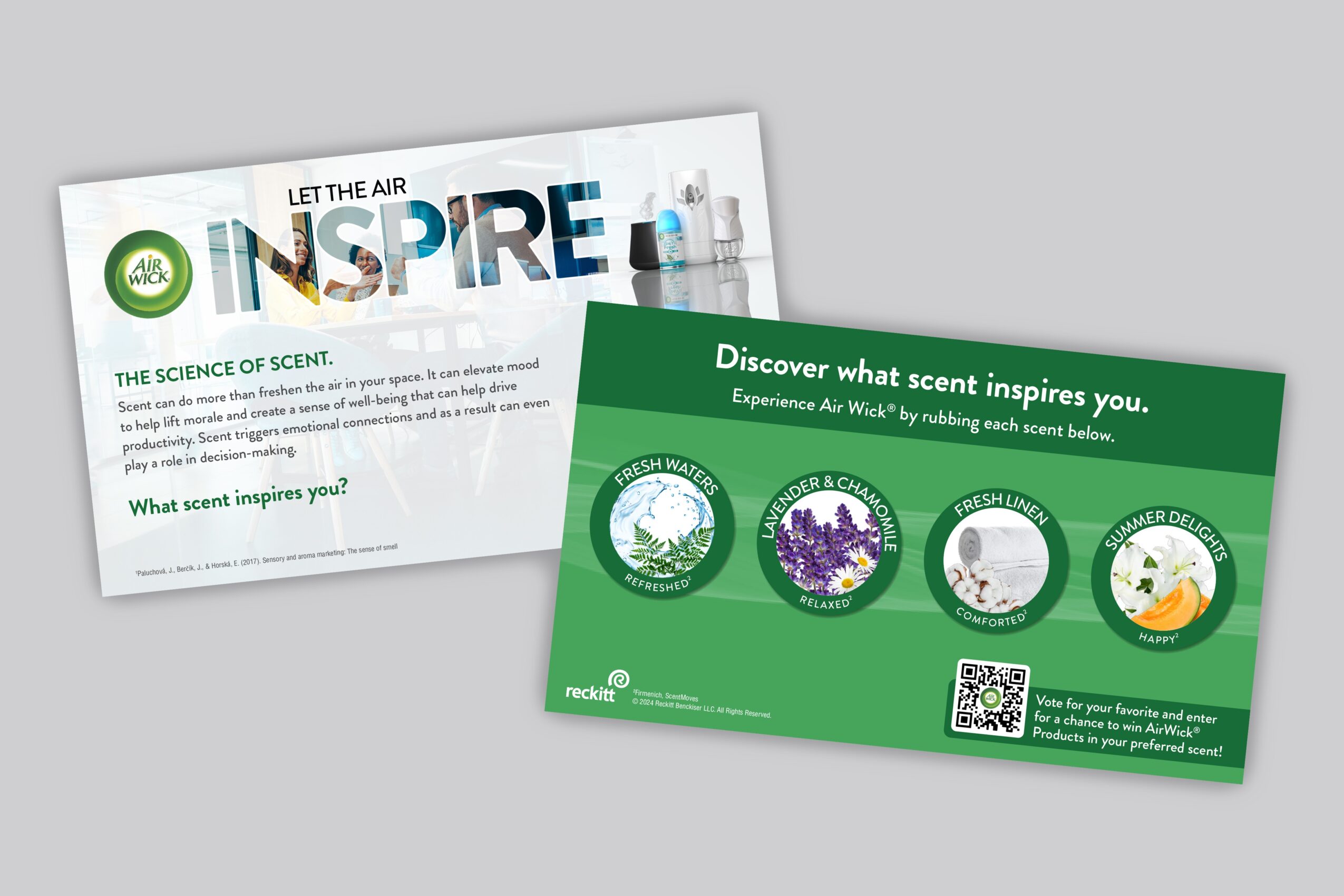 Two promotional cards about scents and inspiration, one with text and colorful design, the other green with icons and a QR code.