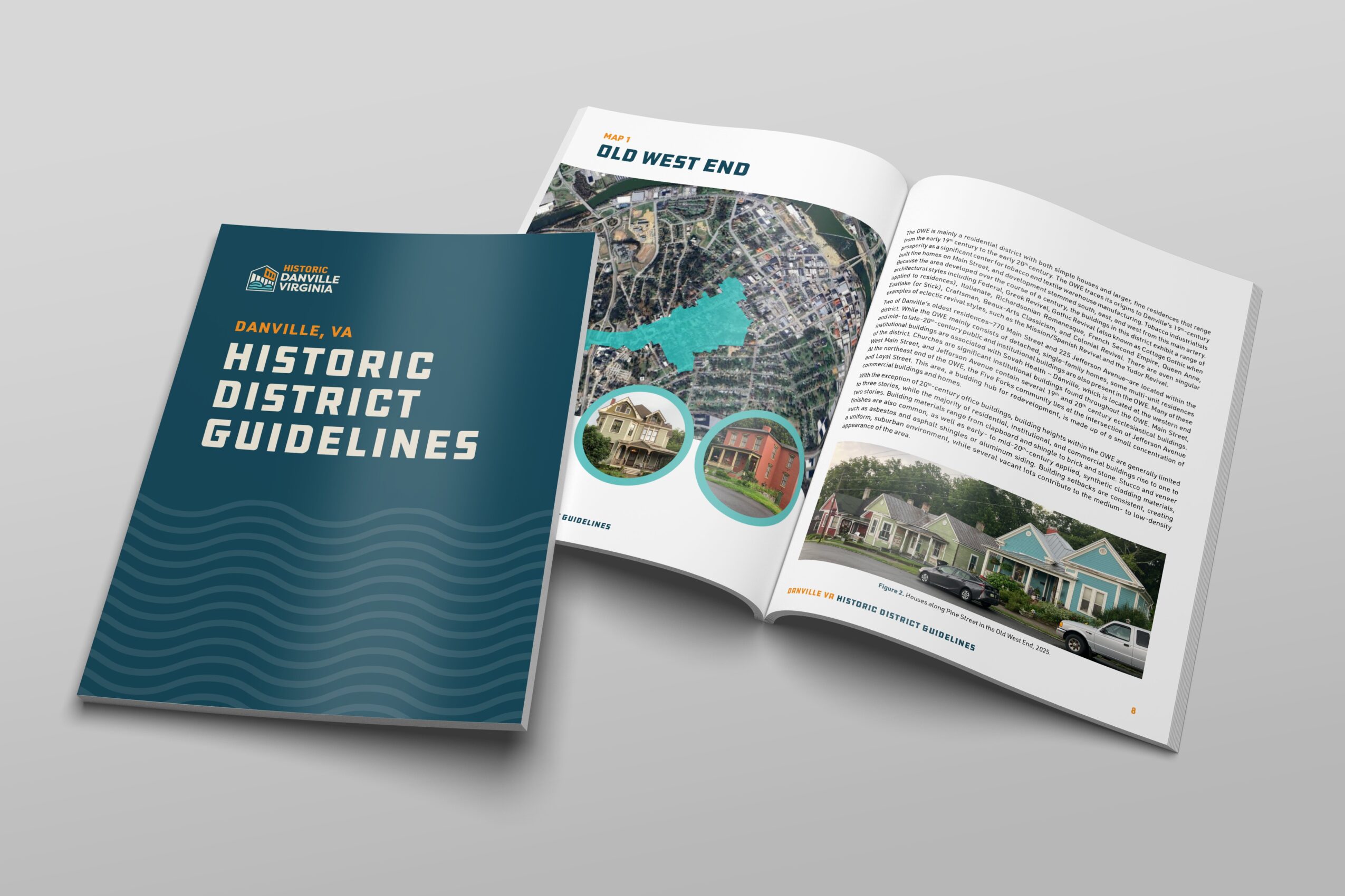 Open booklet showing maps and text about historic district guidelines, with a blue cover titled 'Historic District Guidelines'.
