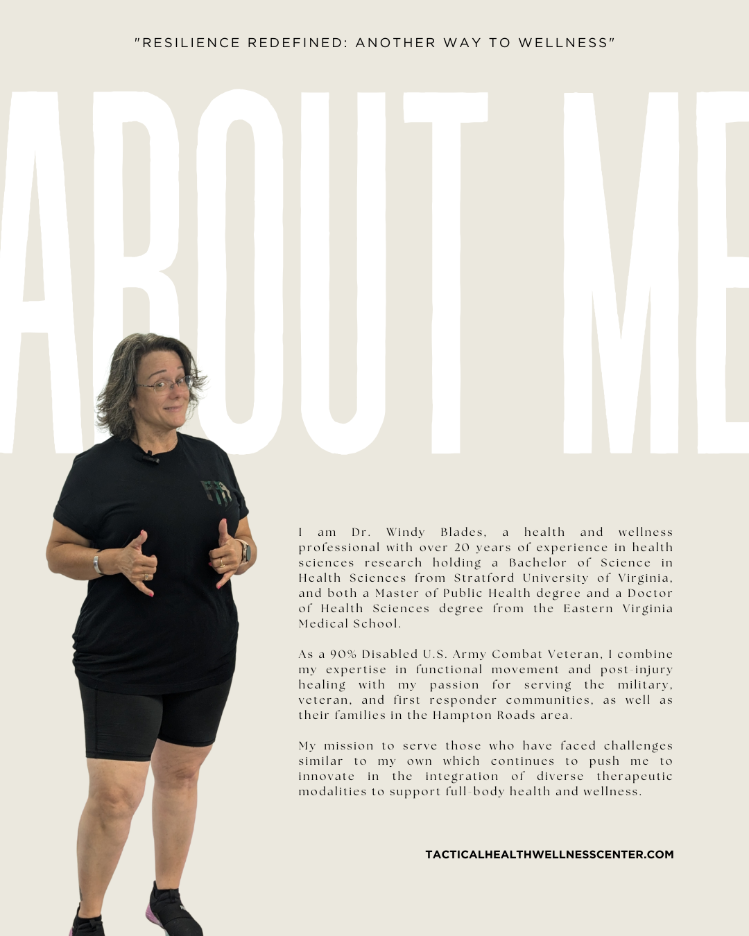 Woman in black shirt and shorts standing with hands on hips, smiling, against a light background. Text about health and wellness research.