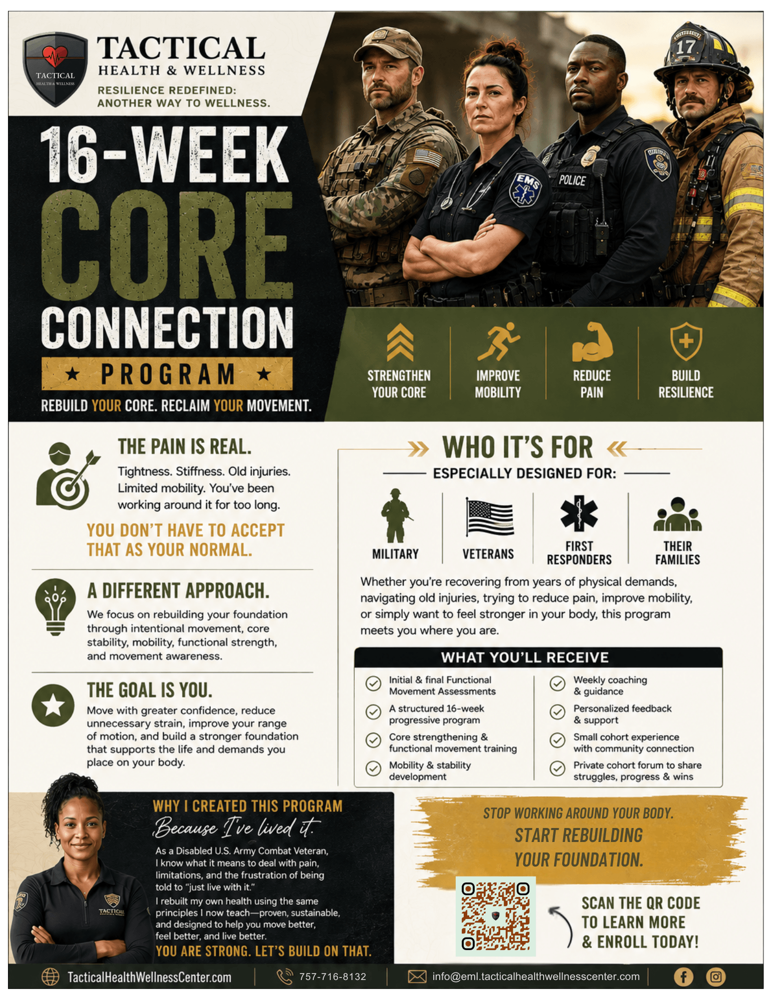 Group of five diverse emergency responders in uniform, text about a 16-week core connection program, and information about eligibility and benefits.