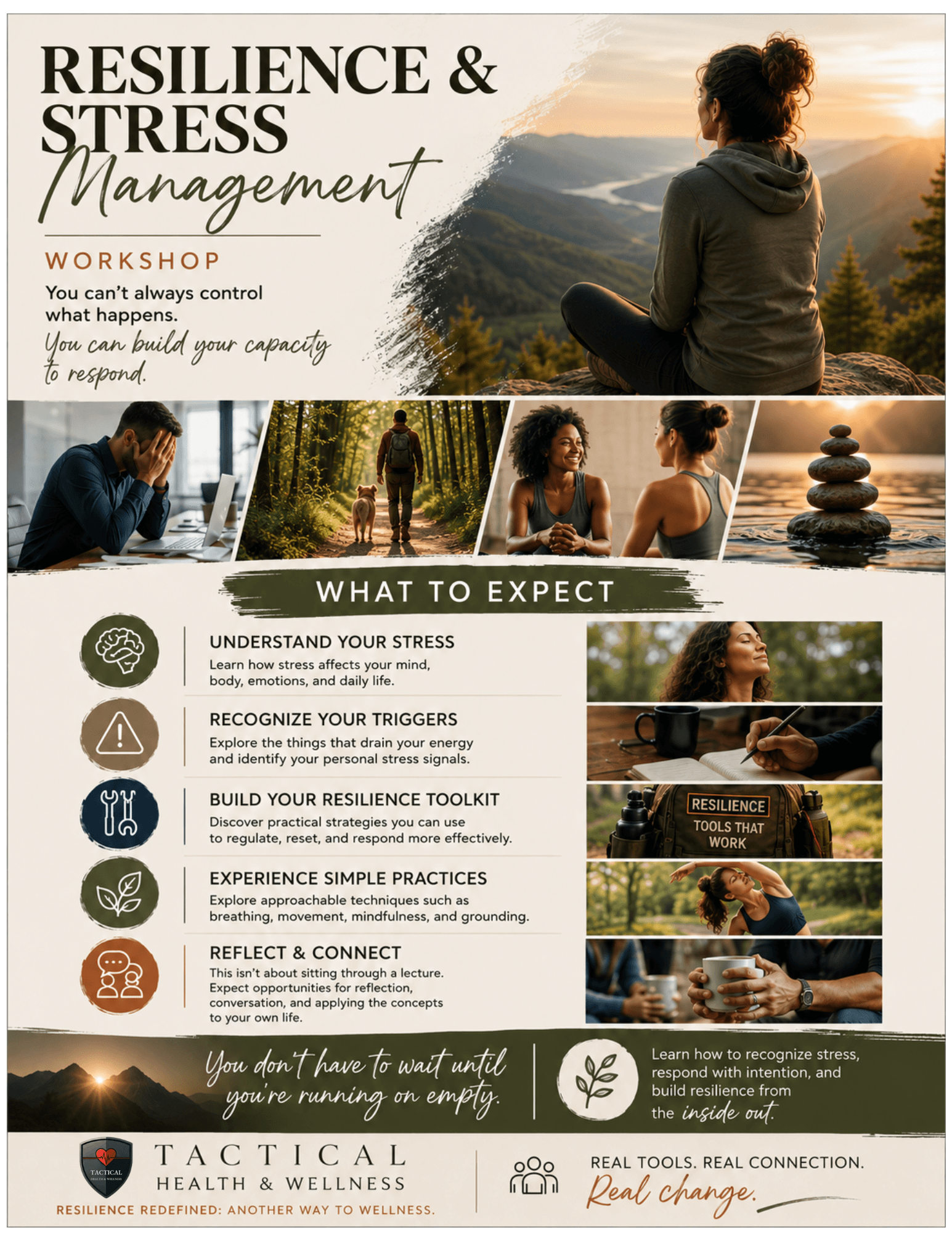 Workshop flyer on resilience and stress management with images of people outdoors and practicing mindfulness, includes session topics and tips.