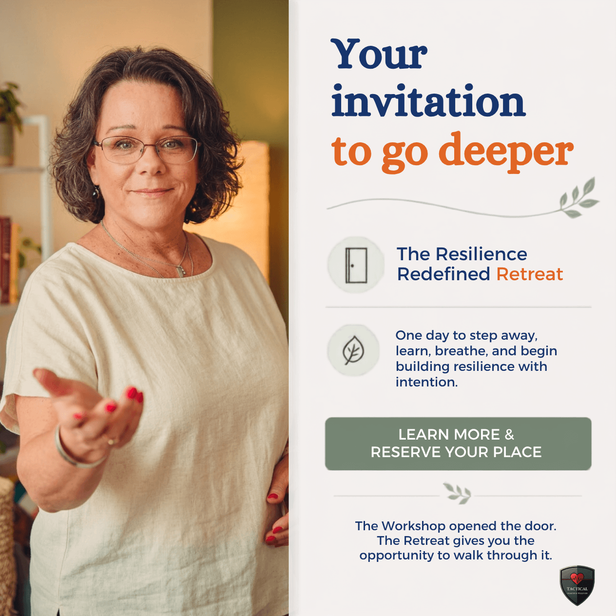 Woman with glasses and curly hair extending her hand, smiling, in a cozy indoor setting. Text about resilience retreat invitation.