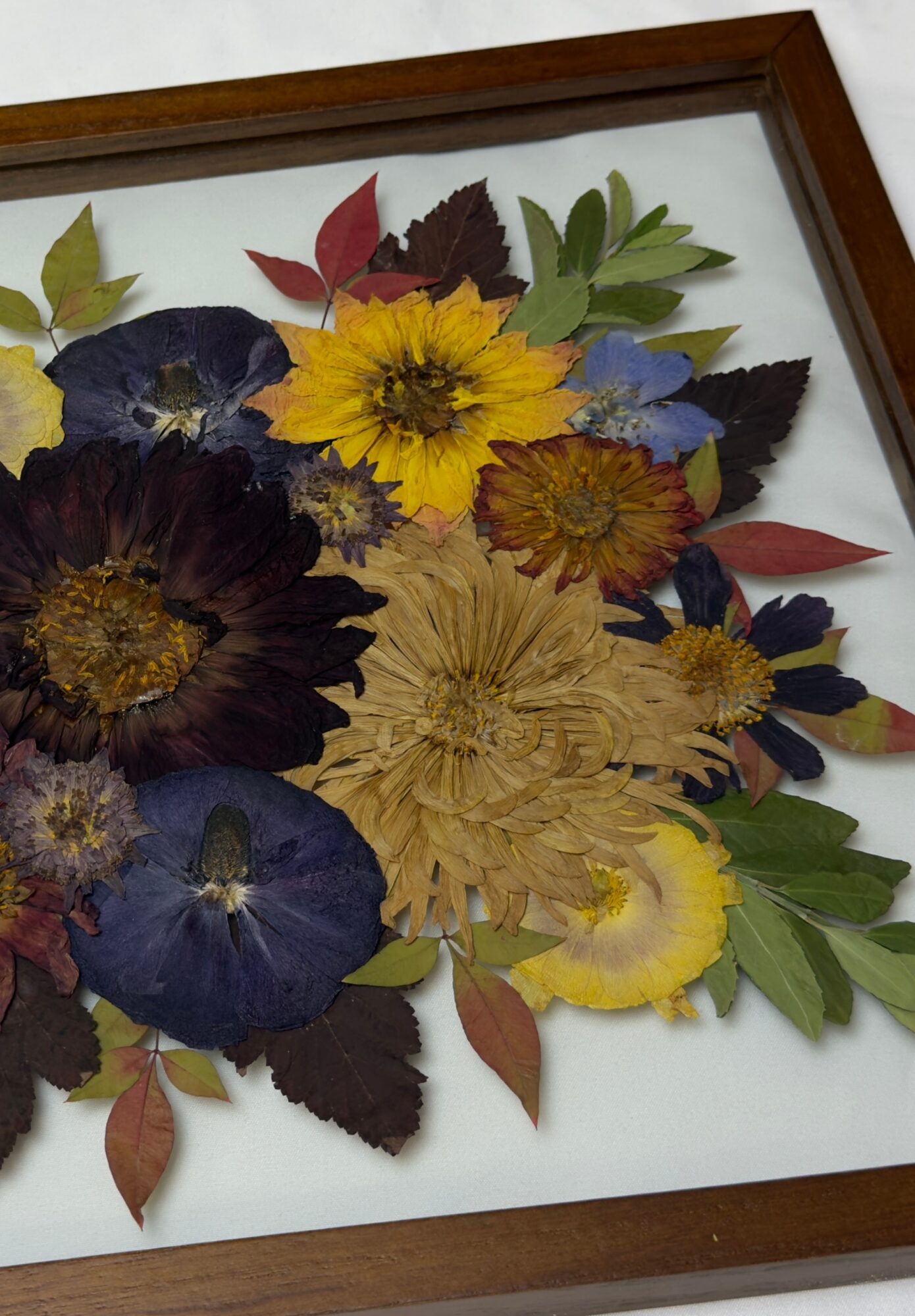 Pressed flowers and leaves arranged in a frame with a wooden border, including sunflowers, pansies, and other colorful blooms.