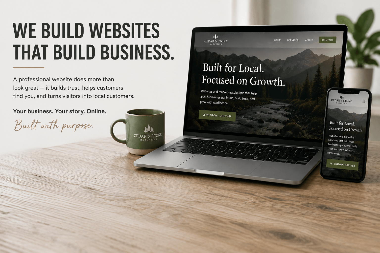 Laptop and smartphone displaying website on wooden desk with coffee mug nearby.