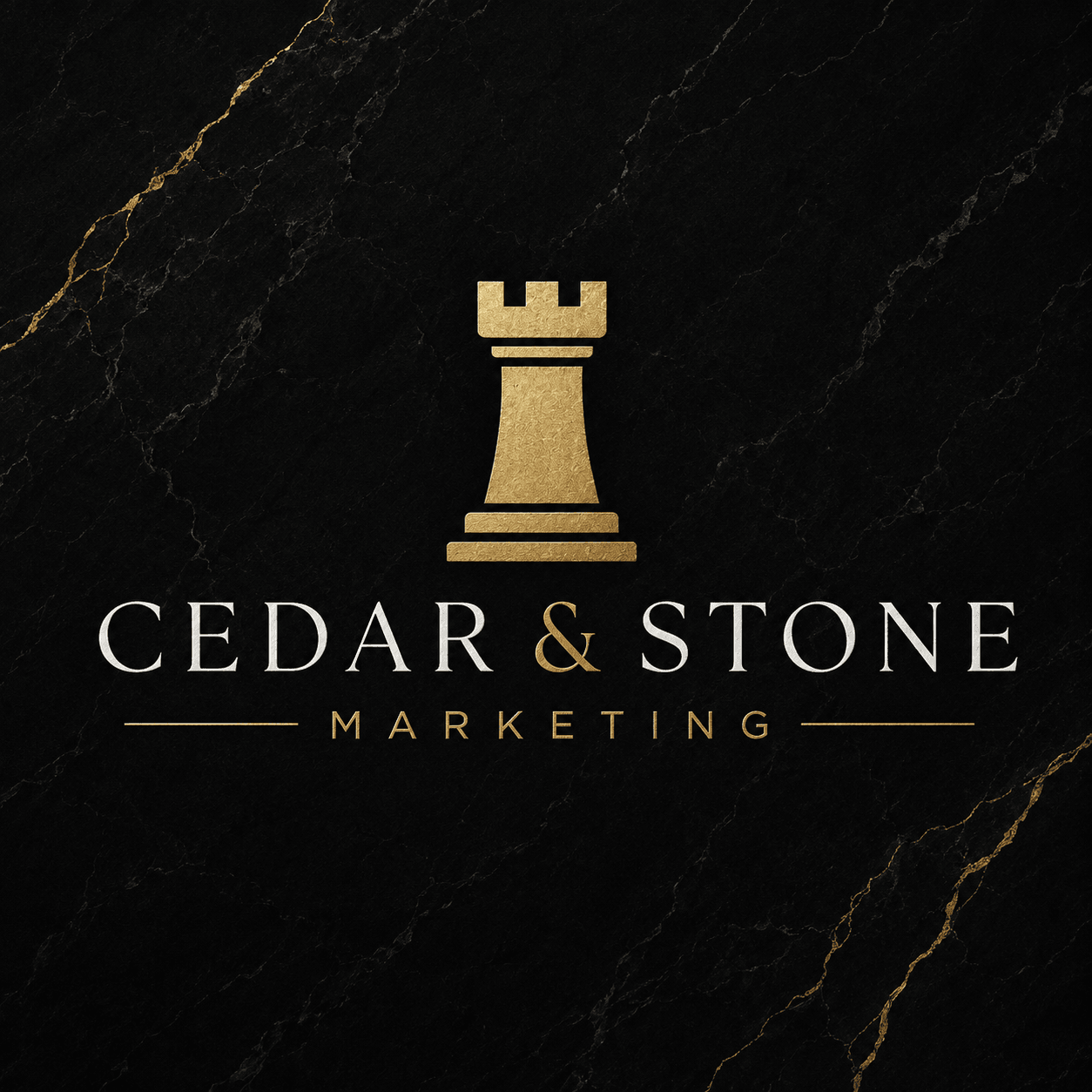 Logo with a gold castle tower icon above the text 'Cedar & Stone Marketing' on a black marble background.
