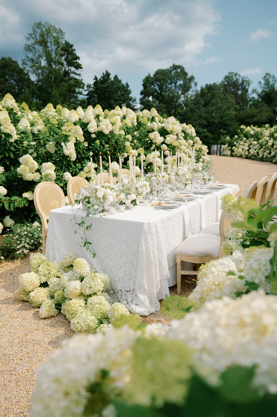Outdoor table set with white tablecloth, candles, and floral arrangements, surrounded by white hydrangeas and greenery, under a partly cloudy sky.