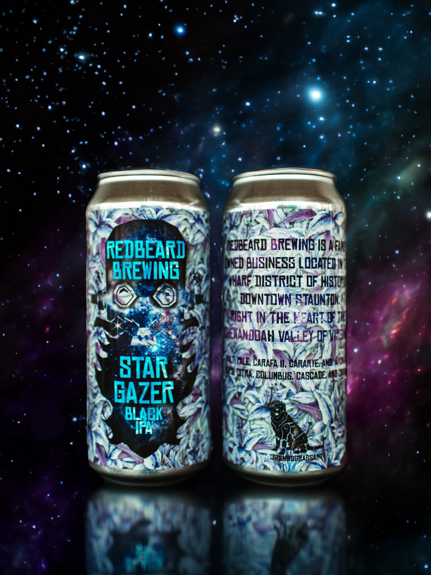 Two cans with colorful, detailed artwork against a starry space background, reflecting on a surface, with text and illustrations.