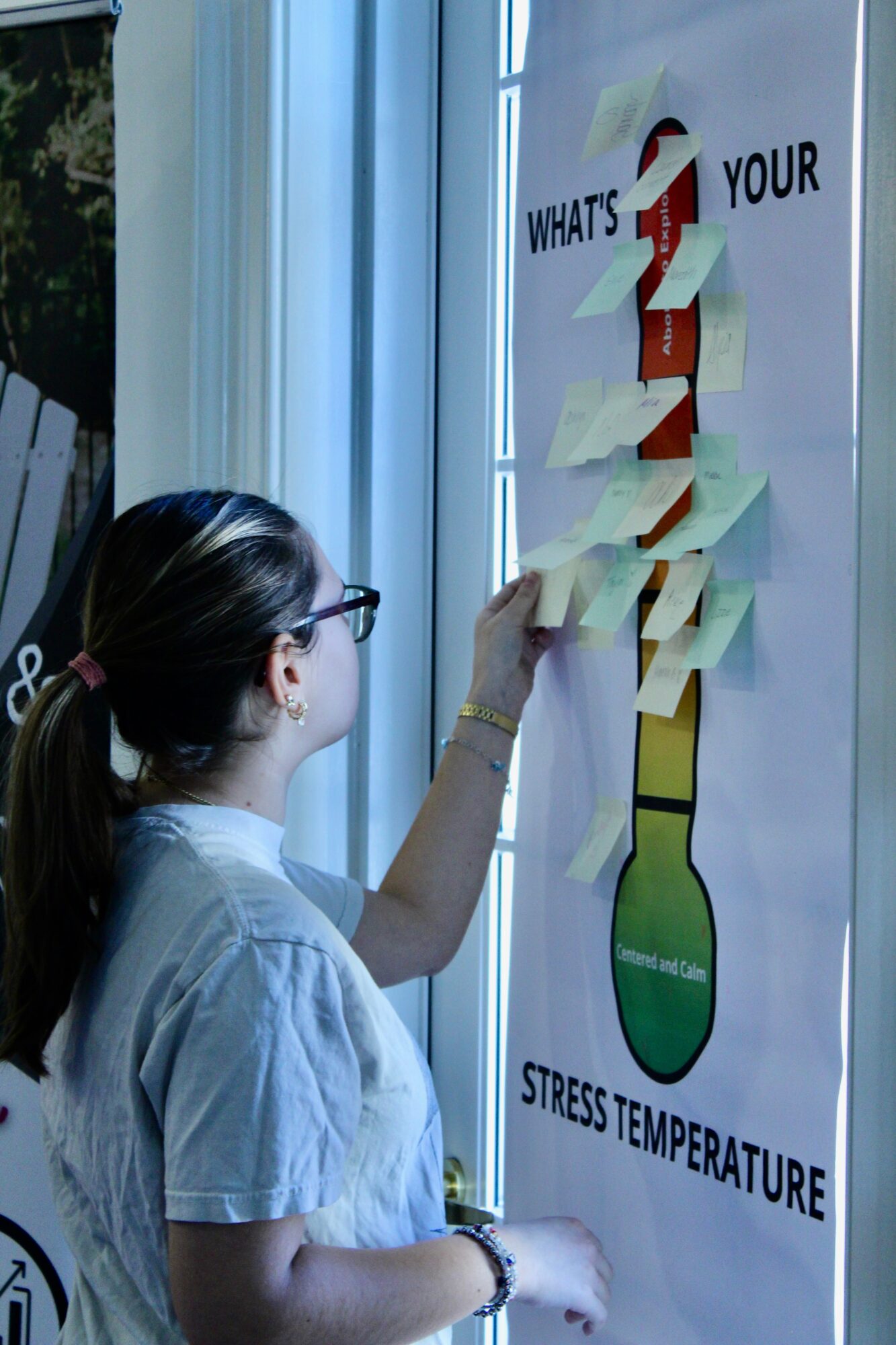 Woman with glasses and ponytail sticks sticky notes on a poster with a thermometer and question about stress temperature.