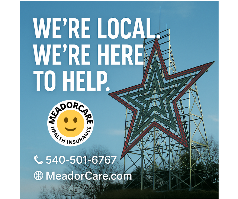 Sign with text, star-shaped structure, contact info, and website, promoting local health insurance assistance.