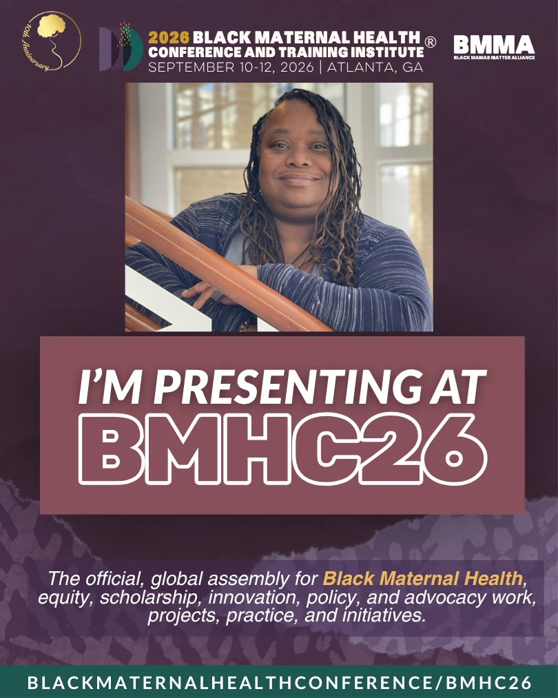 Woman with braided hair smiling, sitting at a piano, with event information overlay. Text: 'I'm presenting at BMHC26'.