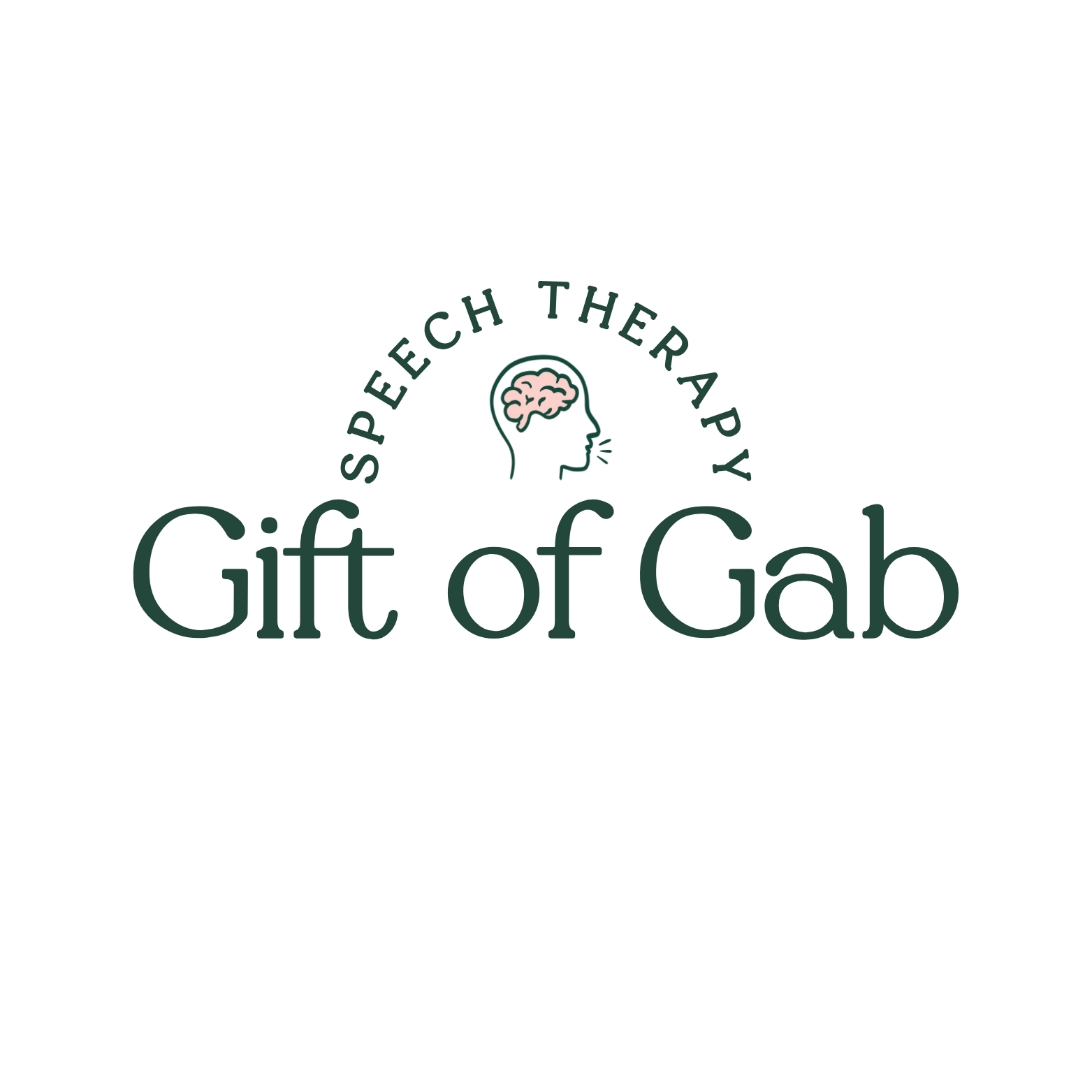 Logo with a brain illustration and text 'Speech Therapy Gift of Gab'.