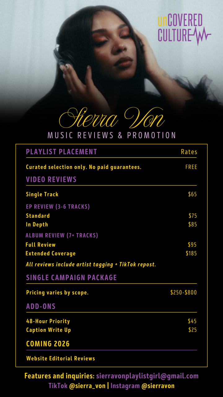 Woman with long dark hair and closed eyes, touching her face, promotional image for Sierra Von music review and promotion.
