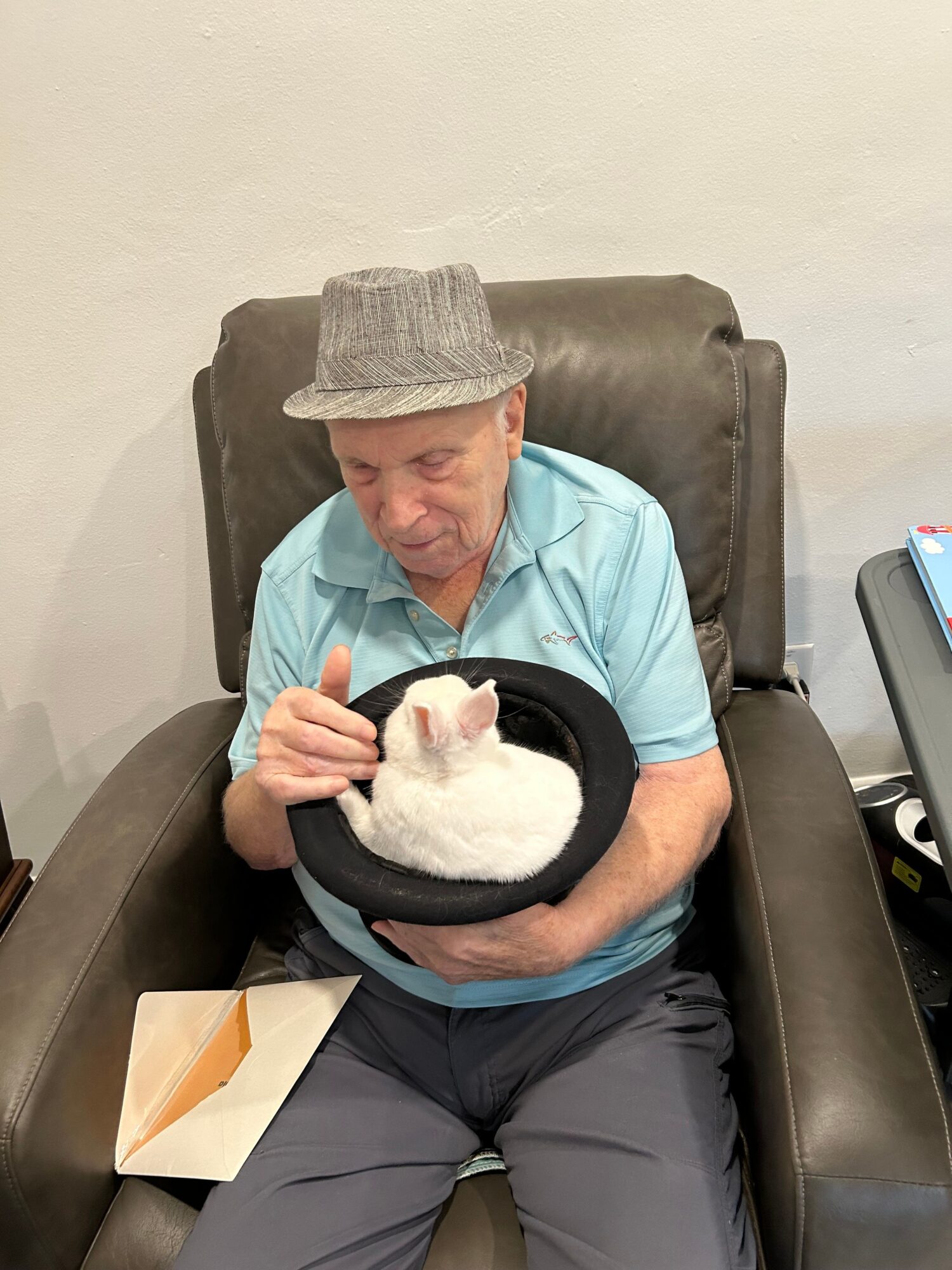Person sitting on a brown couch holding a white cat in a black hat, with a paper bag nearby.
