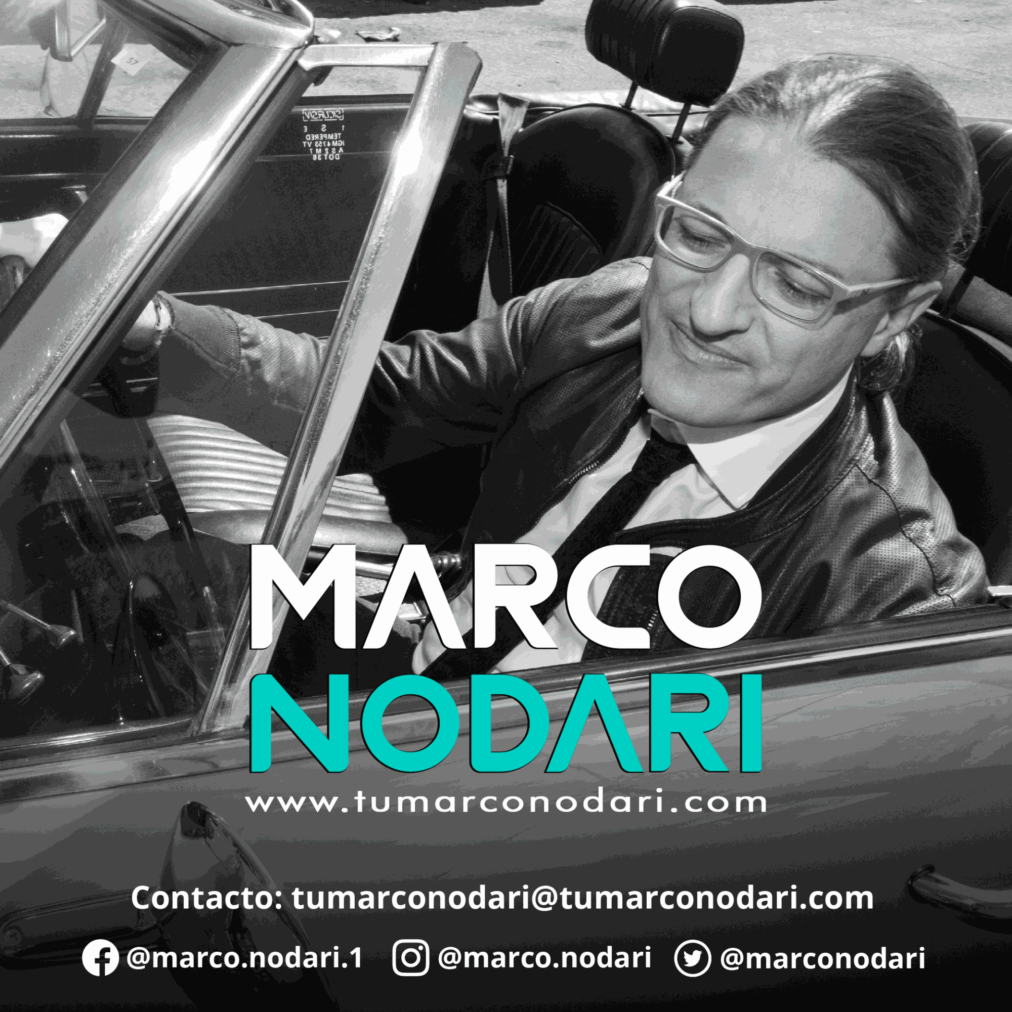 Woman with glasses in a convertible car, smiling, wearing a leather jacket, with text and contact info overlay.