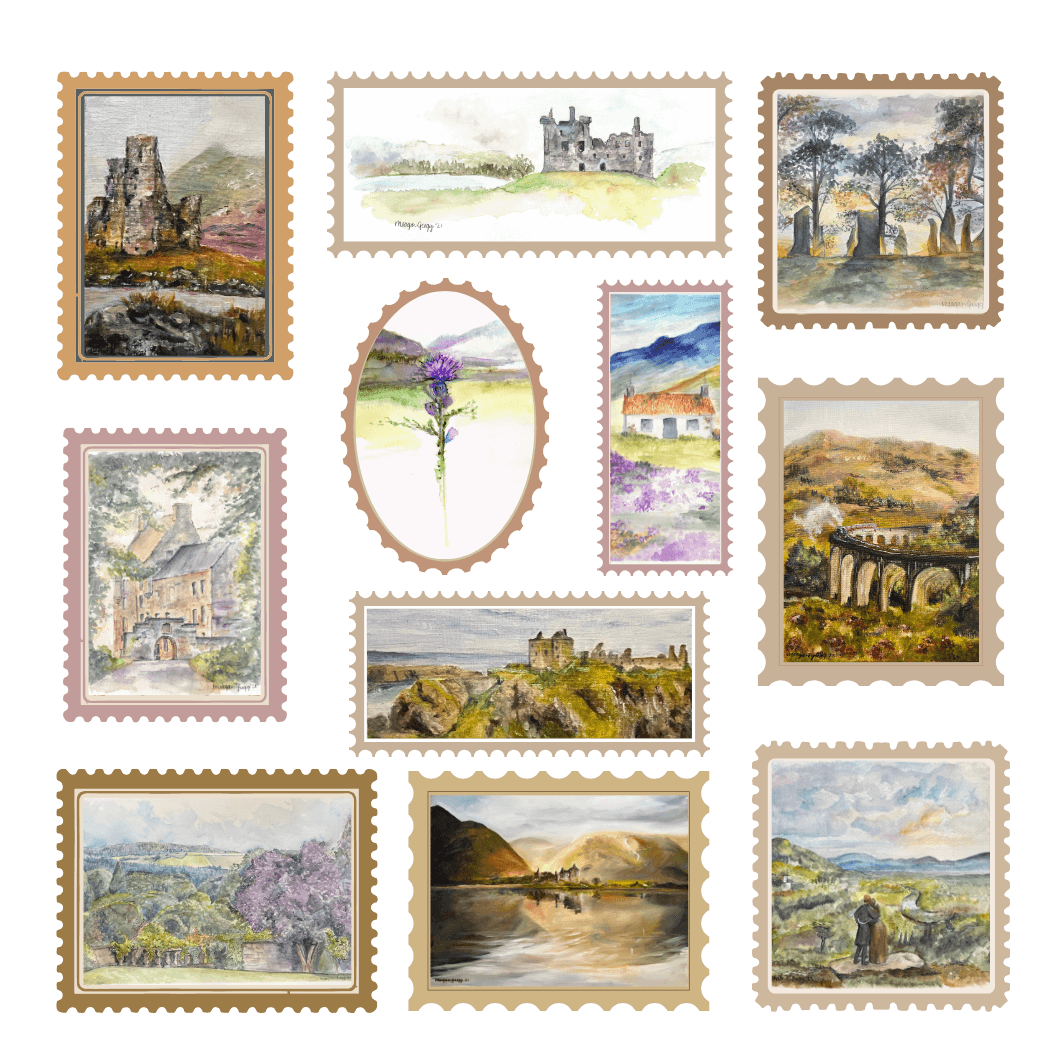 Collection of eleven watercolor landscape stamps featuring castles, mountains, lakes, and countryside scenes.