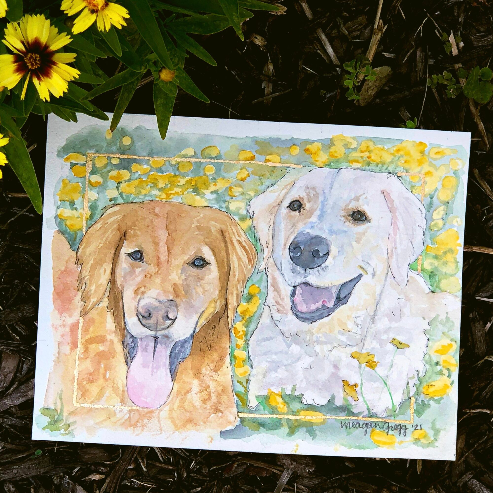 Watercolor painting of two dogs, one with a golden coat and the other white, surrounded by yellow flowers.
