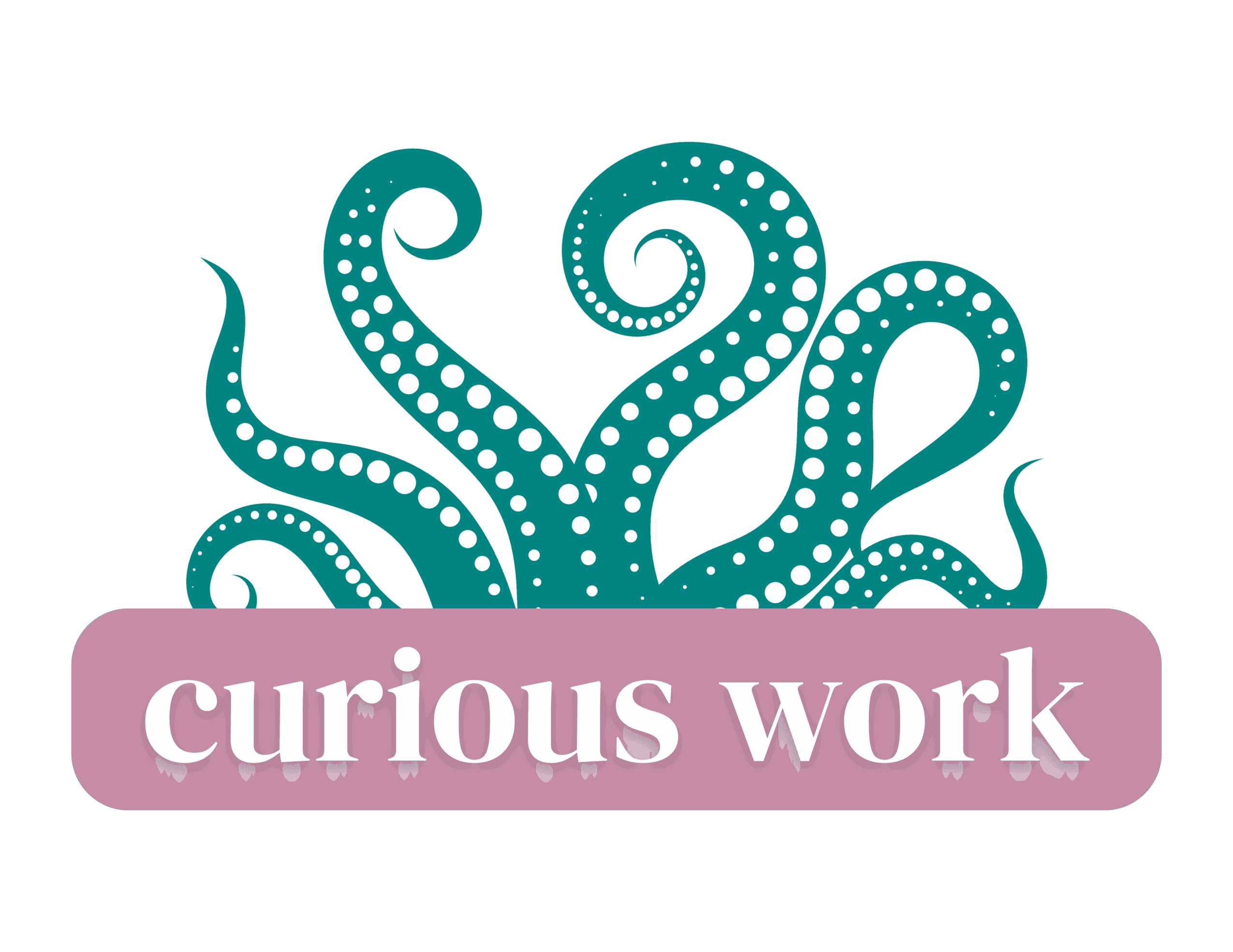Octopus tentacles with dots above a purple banner reading 'curious work' on a black background.