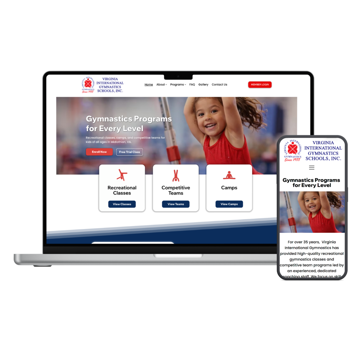Laptop and smartphone displaying a gymnastics program website with a smiling girl, program options, and a logo, on a white background.